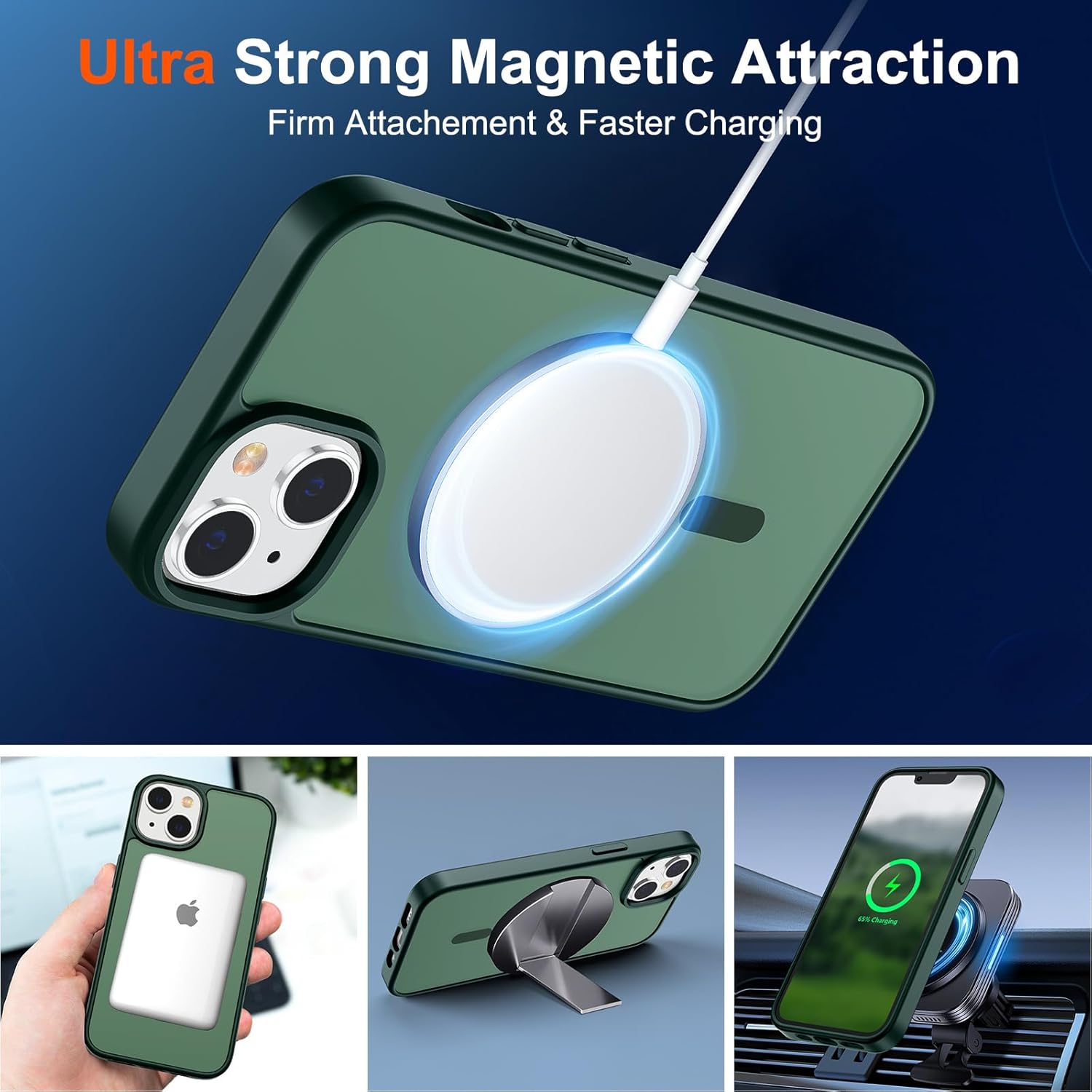 SUPFINE Magnetic for iPhone 15 Plus Case & iPhone 14 Plus Case(Compatible with MagSafe)(10 FT Military Grade Drop Protection) Slim Translucent Shockproof Phone Case,Forest Green