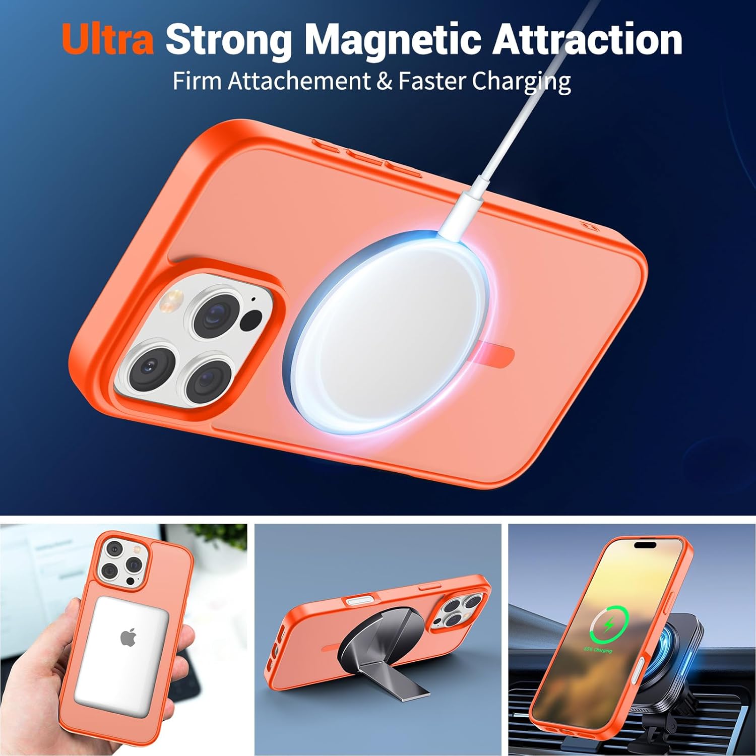 SUPFINE Magnetic for iPhone 16 Pro Max Case (Compatible with MagSafe) (Military Grade Drop Protection) Slim Translucent Matte Shockproof with Anti-Fingerprint Phone Case,Orange