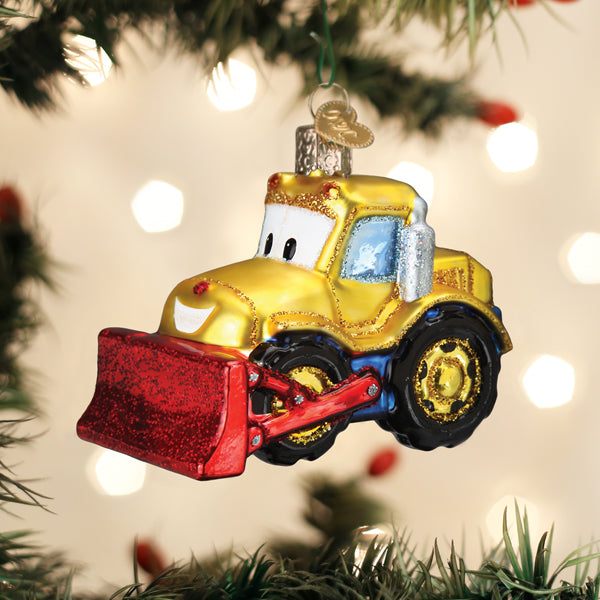 Bright Eyed Bulldozer Glass Ornament