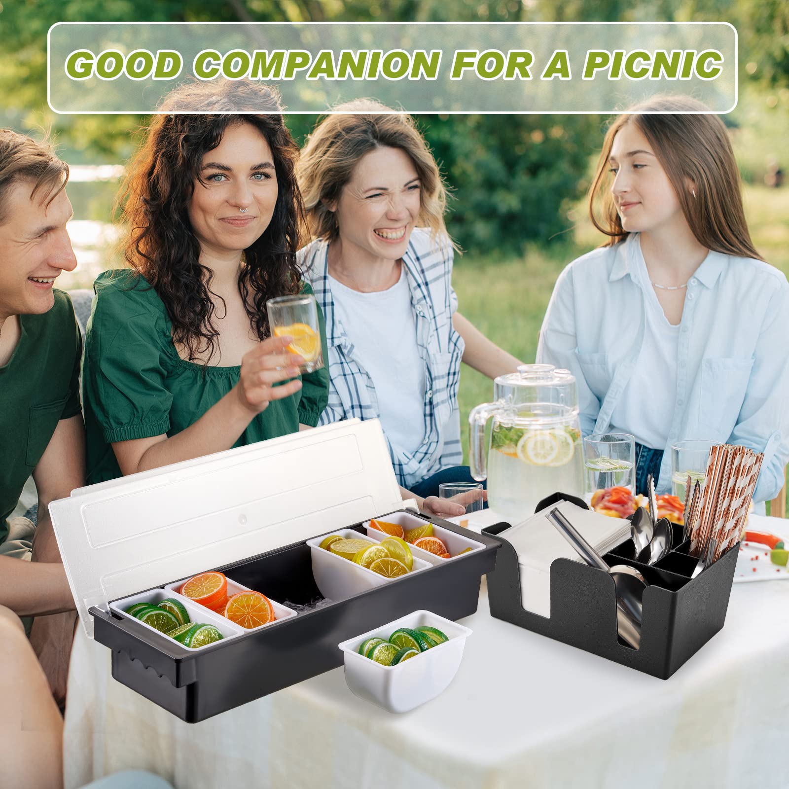 Tessco for you Garnish Tray with Lid Bar Caddy Ice Cooled Condiment Serving Container with Ice Scoop Metal Mini Serving Tongs Fruit Fork Spoons for Food Home Party Kitchen(Plastic,4 Grids)