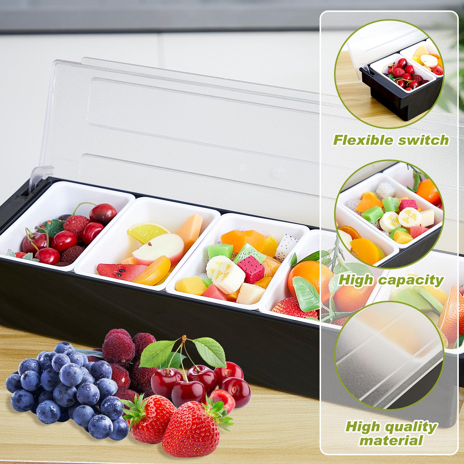 Tessco for you Garnish Tray with Lid Bar Caddy Ice Cooled Condiment Serving Container with Ice Scoop Metal Mini Serving Tongs Fruit Fork Spoons for Food Home Party Kitchen(Plastic,4 Grids)