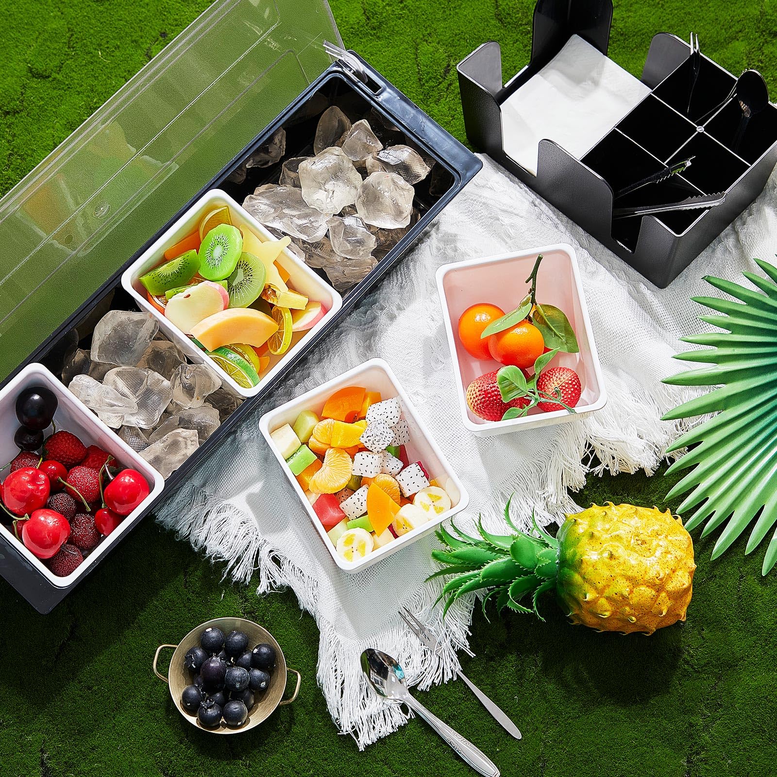 Tessco for you Garnish Tray with Lid Bar Caddy Ice Cooled Condiment Serving Container with Ice Scoop Metal Mini Serving Tongs Fruit Fork Spoons for Food Home Party Kitchen(Plastic,4 Grids)