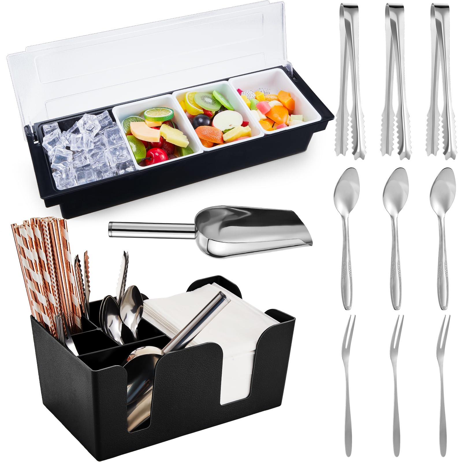 Tessco for you Garnish Tray with Lid Bar Caddy Ice Cooled Condiment Serving Container with Ice Scoop Metal Mini Serving Tongs Fruit Fork Spoons for Food Home Party Kitchen(Plastic,4 Grids)