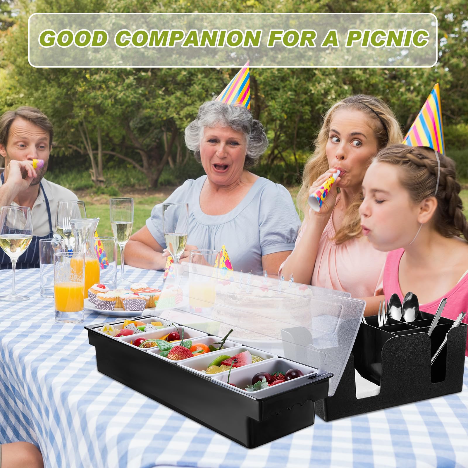 Tessco for you Garnish Tray with Lid Bar Caddy Ice Cooled Condiment Serving Container with Ice Scoop Metal Mini Serving Tongs Fruit Fork Spoons for Food Home Party Kitchen(Plastic,4 Grids)