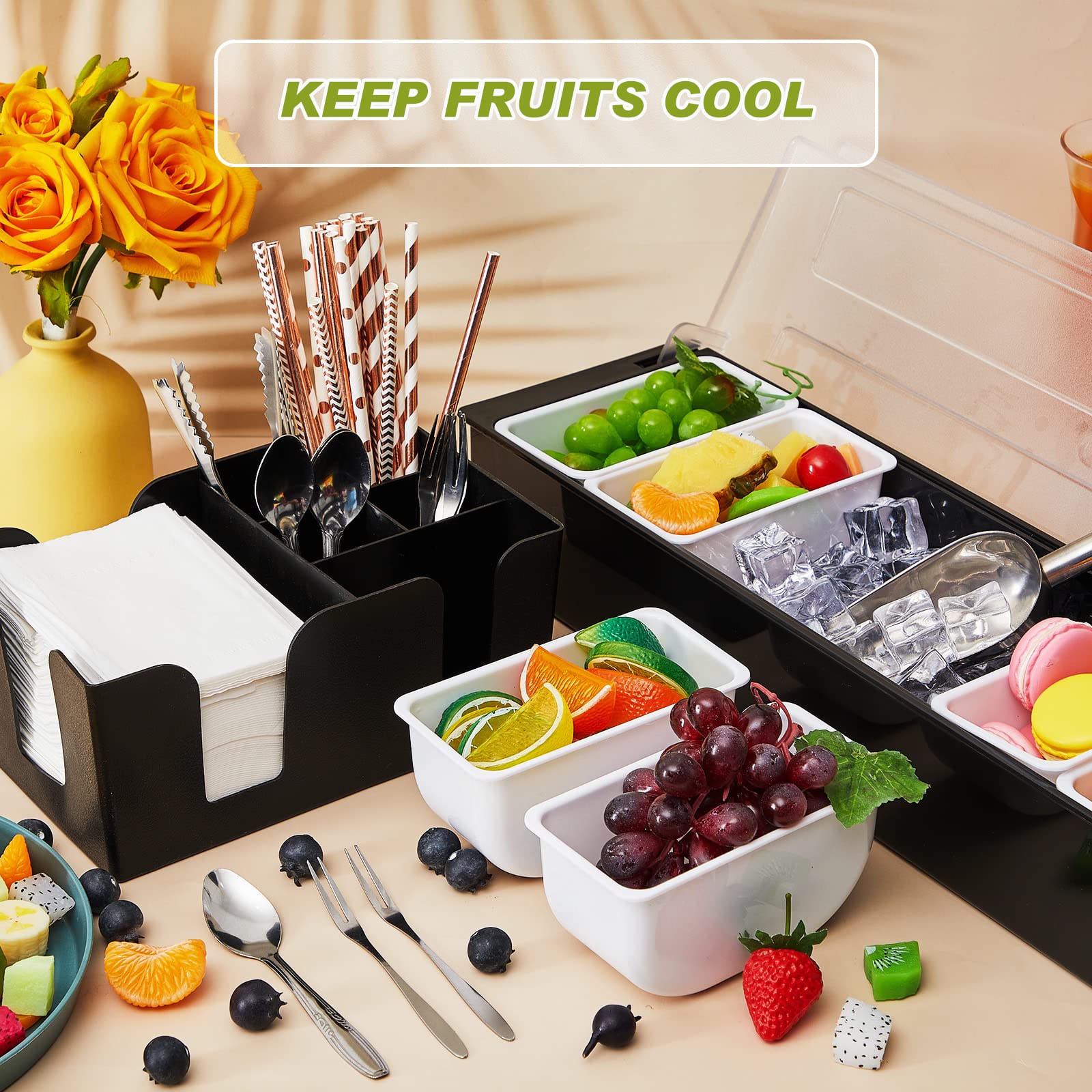 Tessco for you Garnish Tray with Lid Bar Caddy Ice Cooled Condiment Serving Container with Ice Scoop Metal Mini Serving Tongs Fruit Fork Spoons for Food Home Party Kitchen(Plastic,4 Grids)