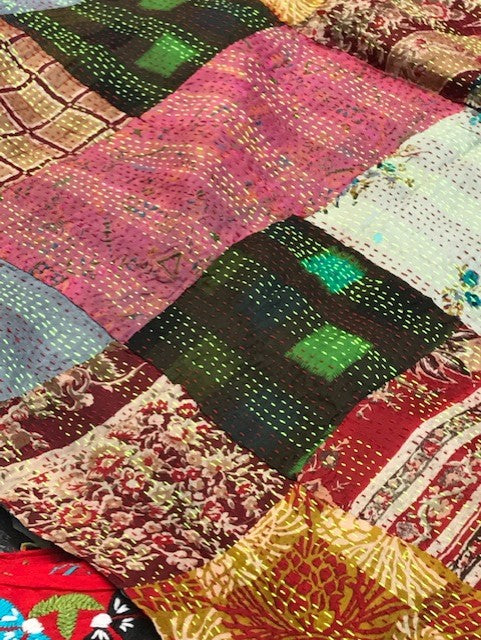 Vintage Silk Saree Kantha throw - Hand Stitched Upcycled by OMSutra