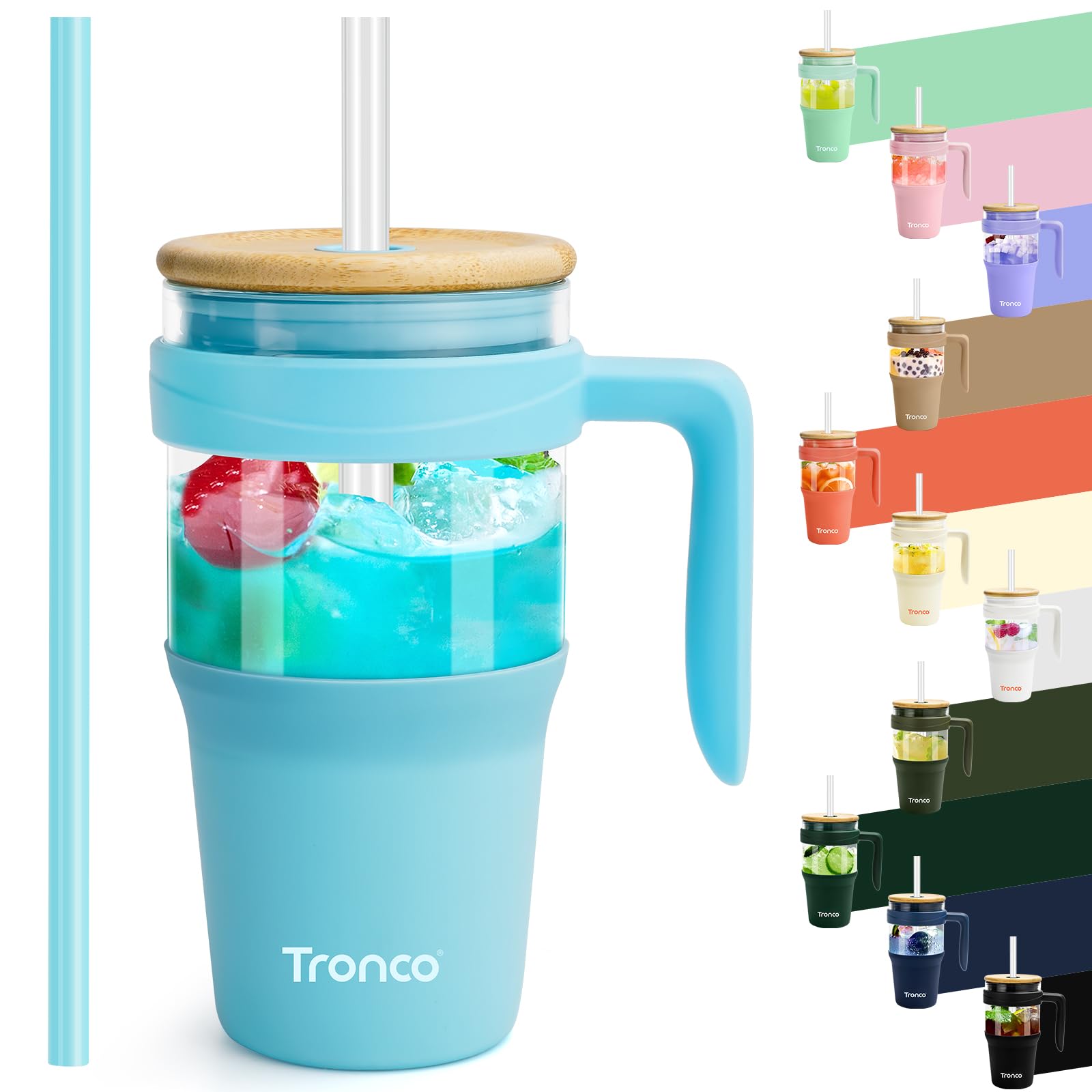 Tronco 40 oz Glass Tumbler with Straw and Lid, Reusable Glass Tumbler with Handle, Iced Coffee Cup with Bamboo Lid, Glass Water Bottles Fit in Cup Holder, Carbonfree, Lead-Free, BPA-Free