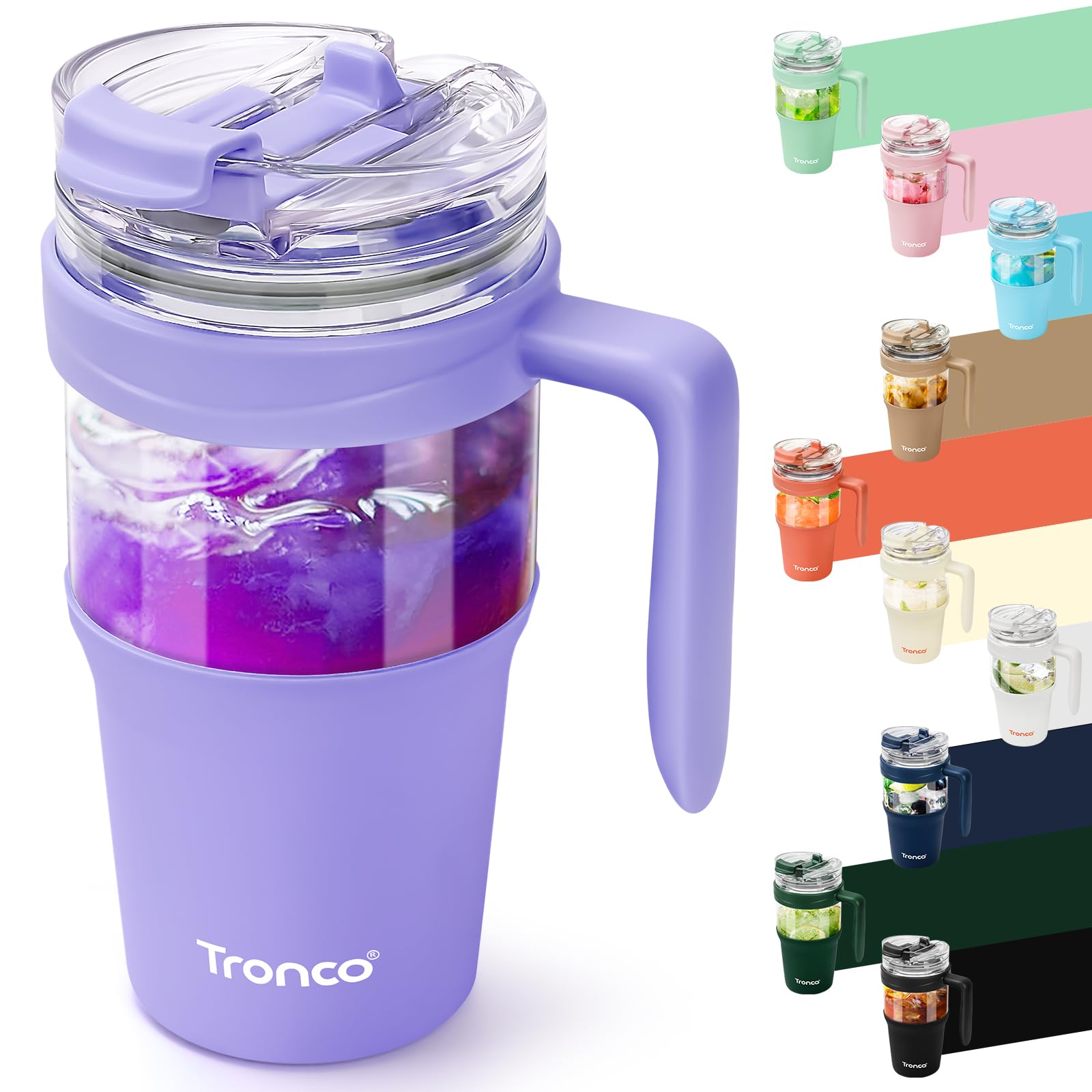 Tronco 40 oz Glass Tumbler with Straw and Lid, Reusable Glass Tumbler with Handle, Iced Coffee Cup with Bamboo Lid, Glass Water Bottles Fit in Cup Holder, Carbonfree, Lead-Free, BPA-Free