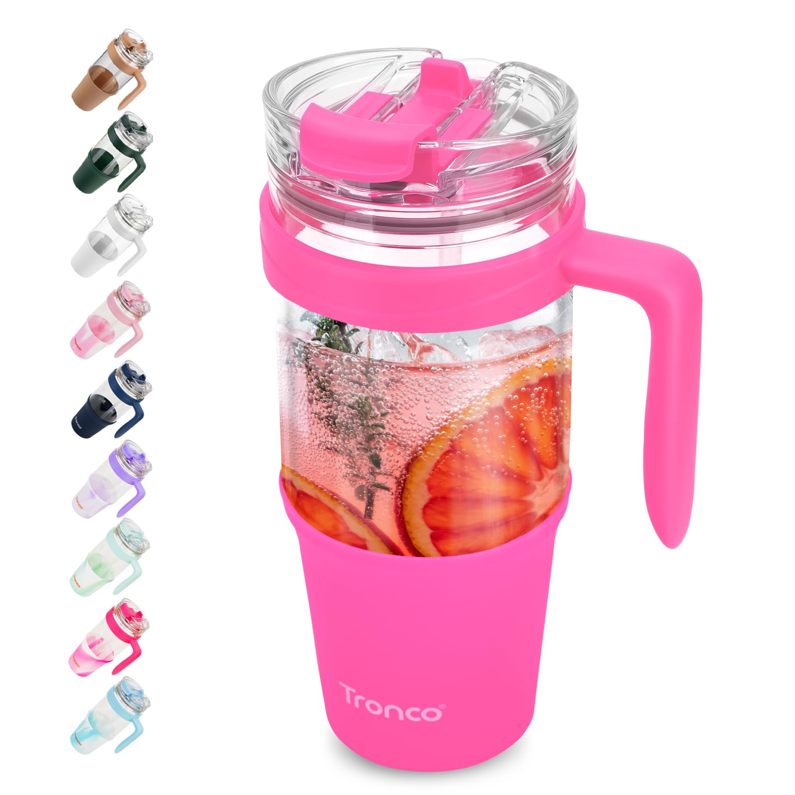 Tronco 40 oz Glass Tumbler with Straw and Lid, Reusable Glass Tumbler with Handle, Iced Coffee Cup with Bamboo Lid, Glass Water Bottles Fit in Cup Holder, Carbonfree, Lead-Free, BPA-Free