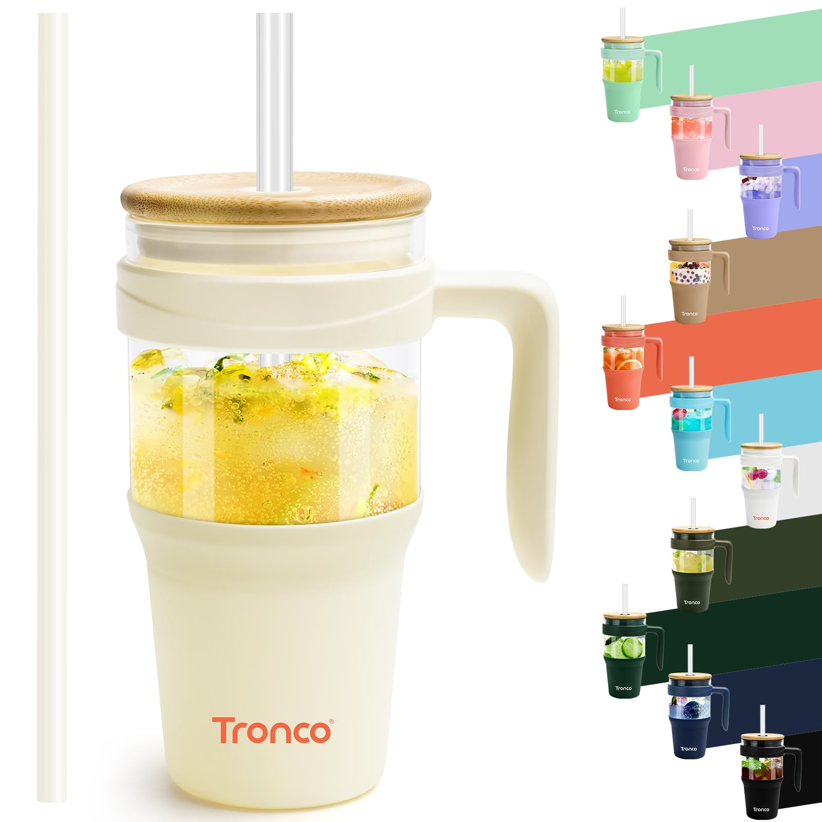 Tronco 40 oz Glass Tumbler with Straw and Lid, Reusable Glass Tumbler with Handle, Iced Coffee Cup with Bamboo Lid, Glass Water Bottles Fit in Cup Holder, Carbonfree, Lead-Free, BPA-Free