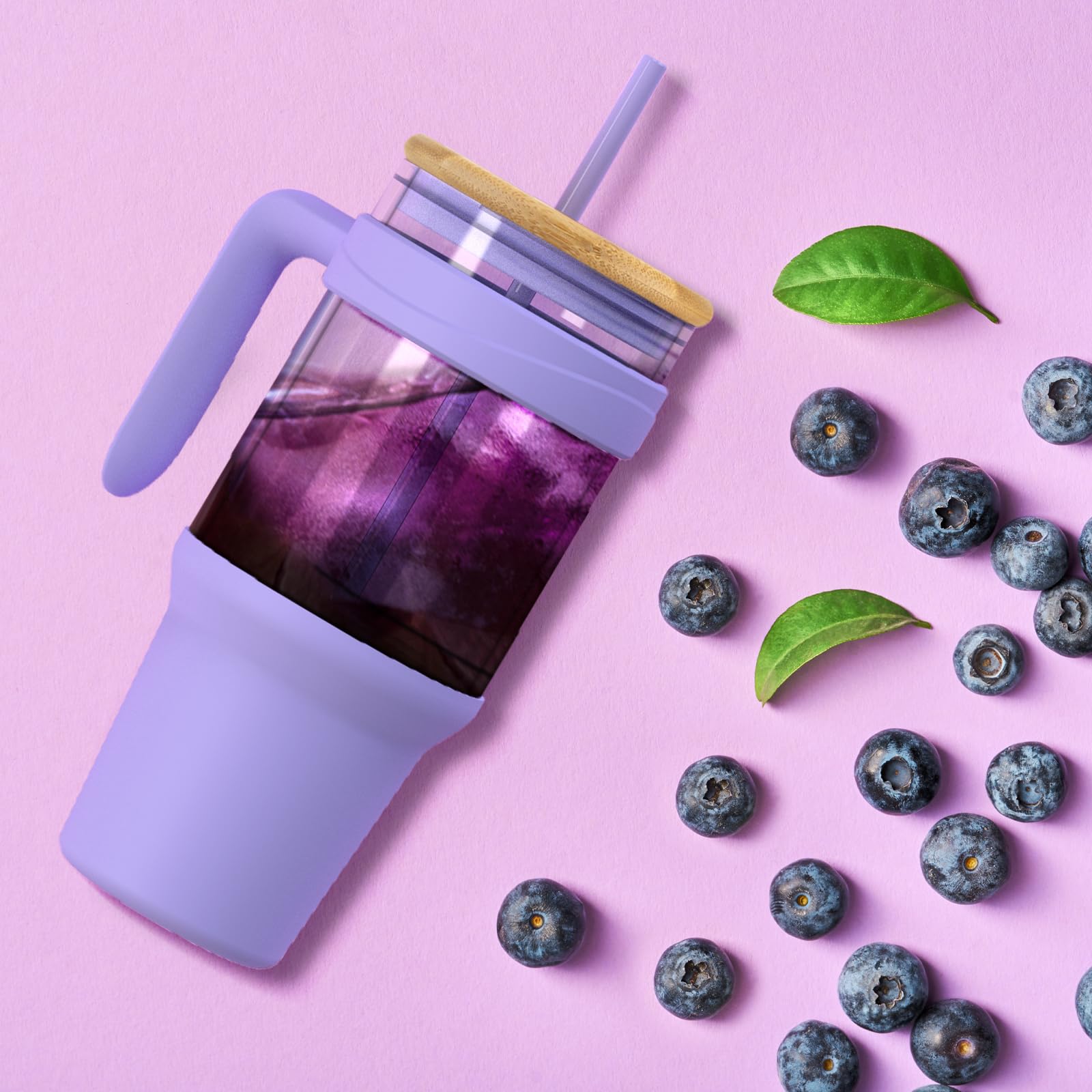 Tronco 40 oz Glass Tumbler with Straw and Lid, Reusable Glass Tumbler with Handle, Iced Coffee Cup with Bamboo Lid, Glass Water Bottles Fit in Cup Holder, Carbonfree, Lead-Free, BPA-Free