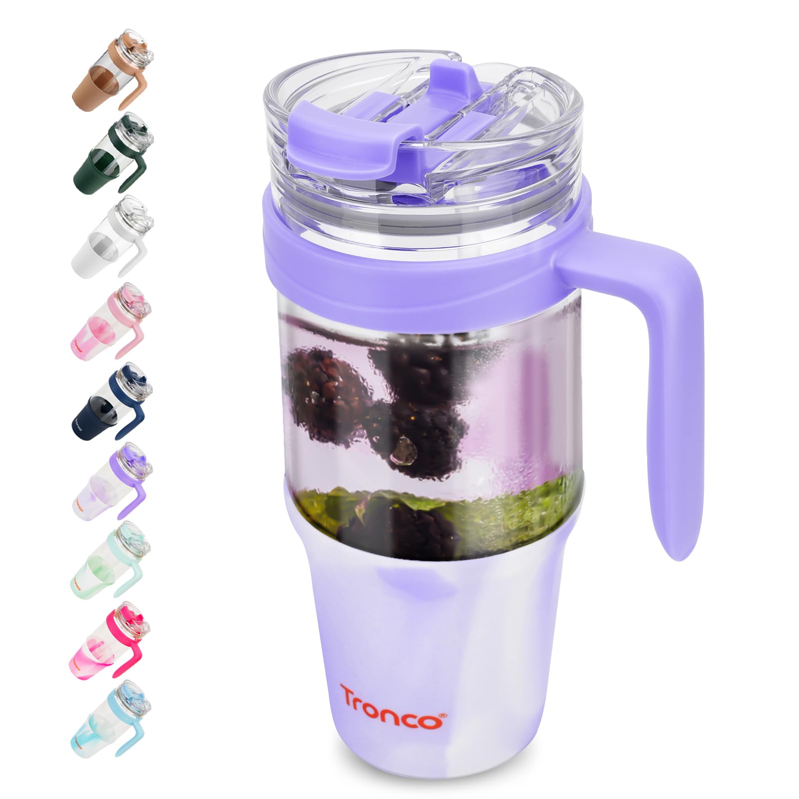 Tronco 40 oz Glass Tumbler with Straw and Lid, Reusable Glass Tumbler with Handle, Iced Coffee Cup with Bamboo Lid, Glass Water Bottles Fit in Cup Holder, Carbonfree, Lead-Free, BPA-Free