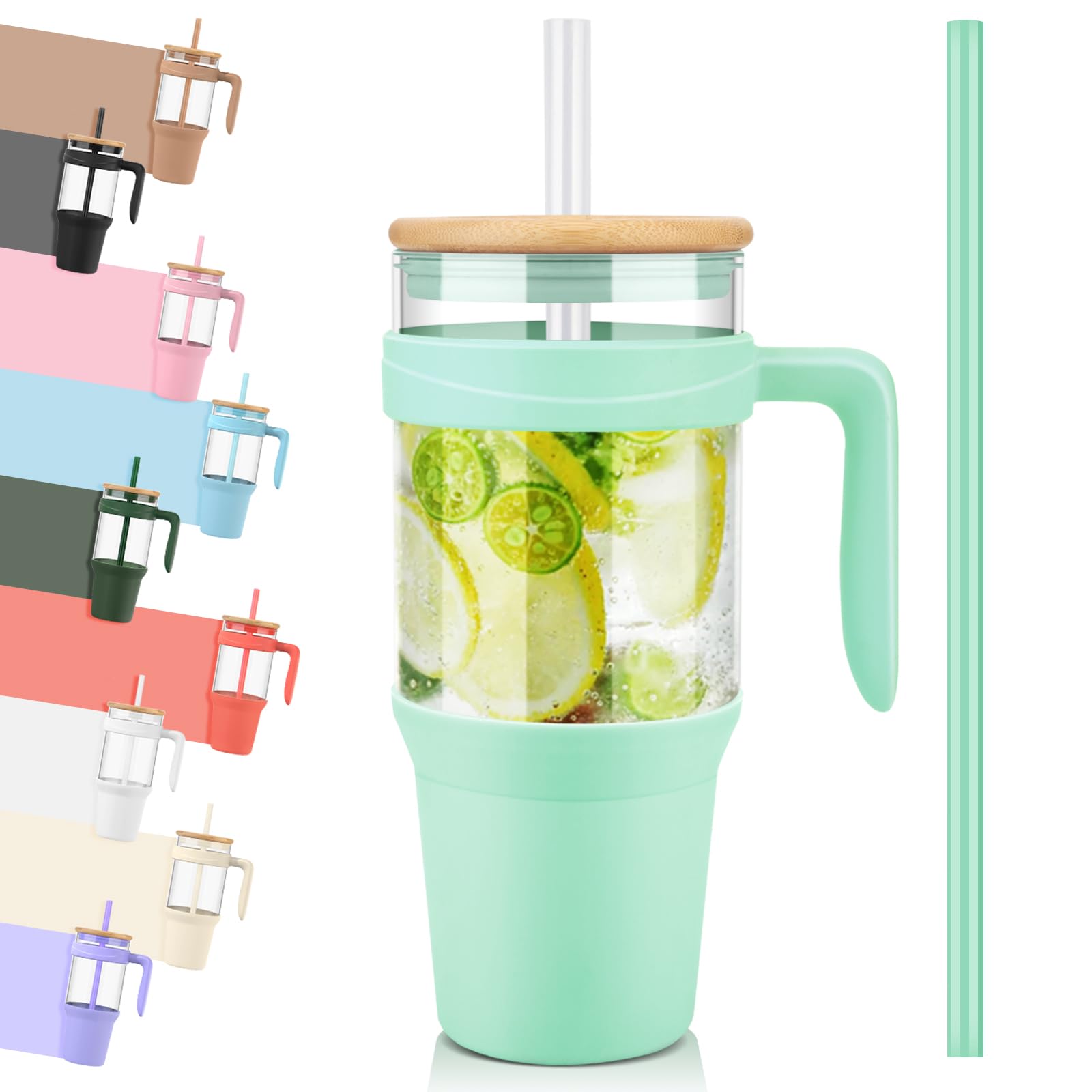 Tronco 40 oz Glass Tumbler with Straw and Lid, Reusable Glass Tumbler with Handle, Iced Coffee Cup with Bamboo Lid, Glass Water Bottles Fit in Cup Holder, Carbonfree, Lead-Free, BPA-Free