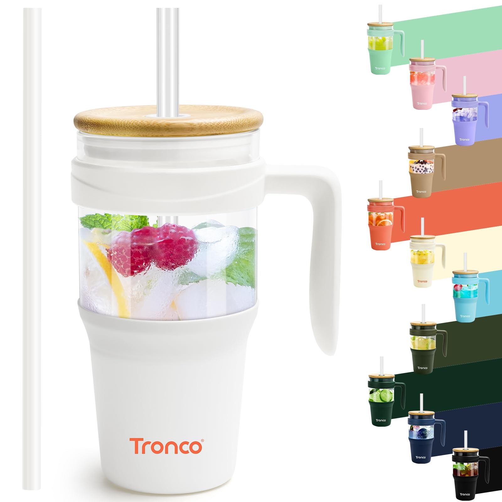 Tronco 40 oz Glass Tumbler with Straw and Lid, Reusable Glass Tumbler with Handle, Iced Coffee Cup with Bamboo Lid, Glass Water Bottles Fit in Cup Holder, Carbonfree, Lead-Free, BPA-Free