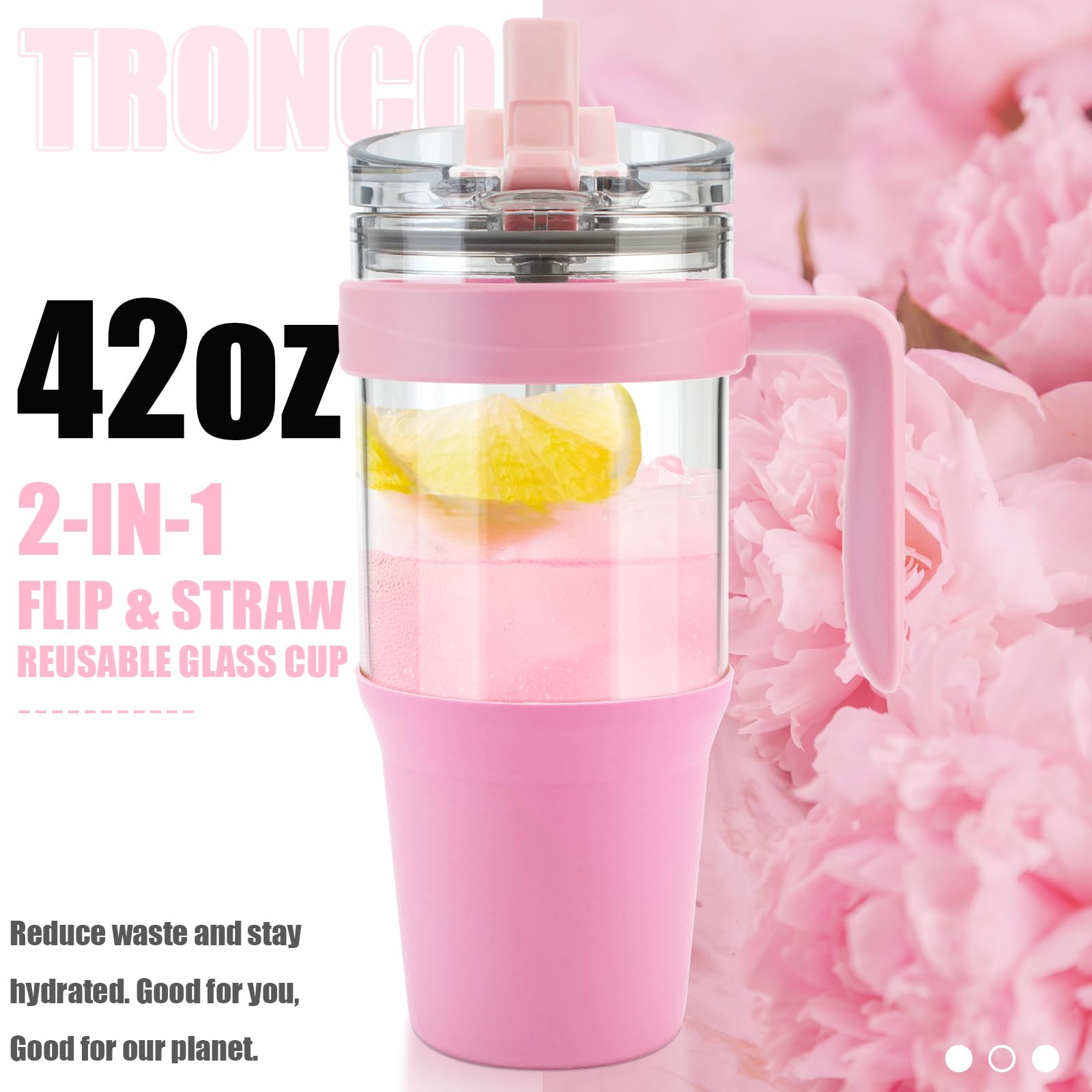 Tronco 40 oz Glass Tumbler with Straw and Lid, Reusable Glass Tumbler with Handle, Iced Coffee Cup with Bamboo Lid, Glass Water Bottles Fit in Cup Holder, Carbonfree, Lead-Free, BPA-Free