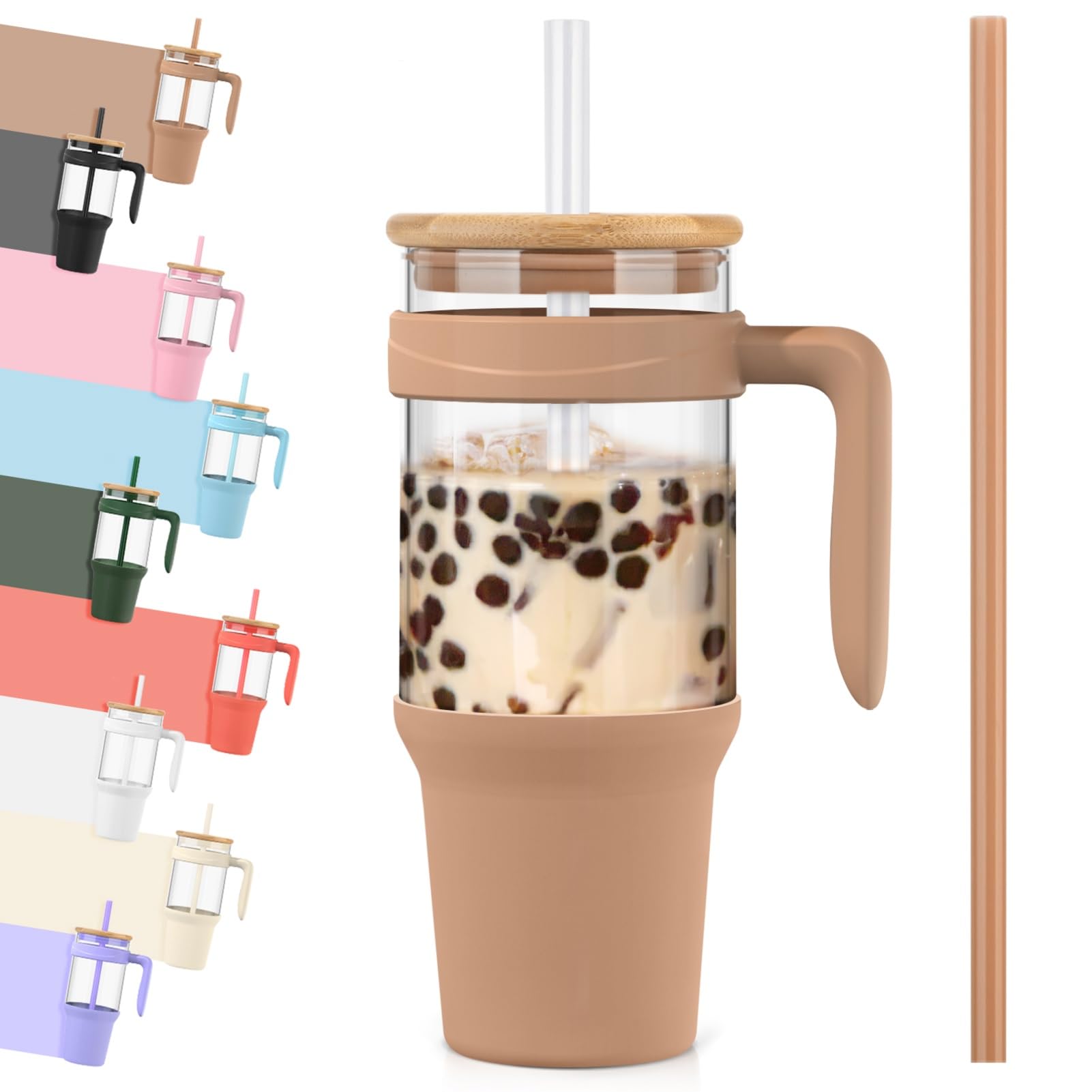 Tronco 40 oz Glass Tumbler with Straw and Lid, Reusable Glass Tumbler with Handle, Iced Coffee Cup with Bamboo Lid, Glass Water Bottles Fit in Cup Holder, Carbonfree, Lead-Free, BPA-Free