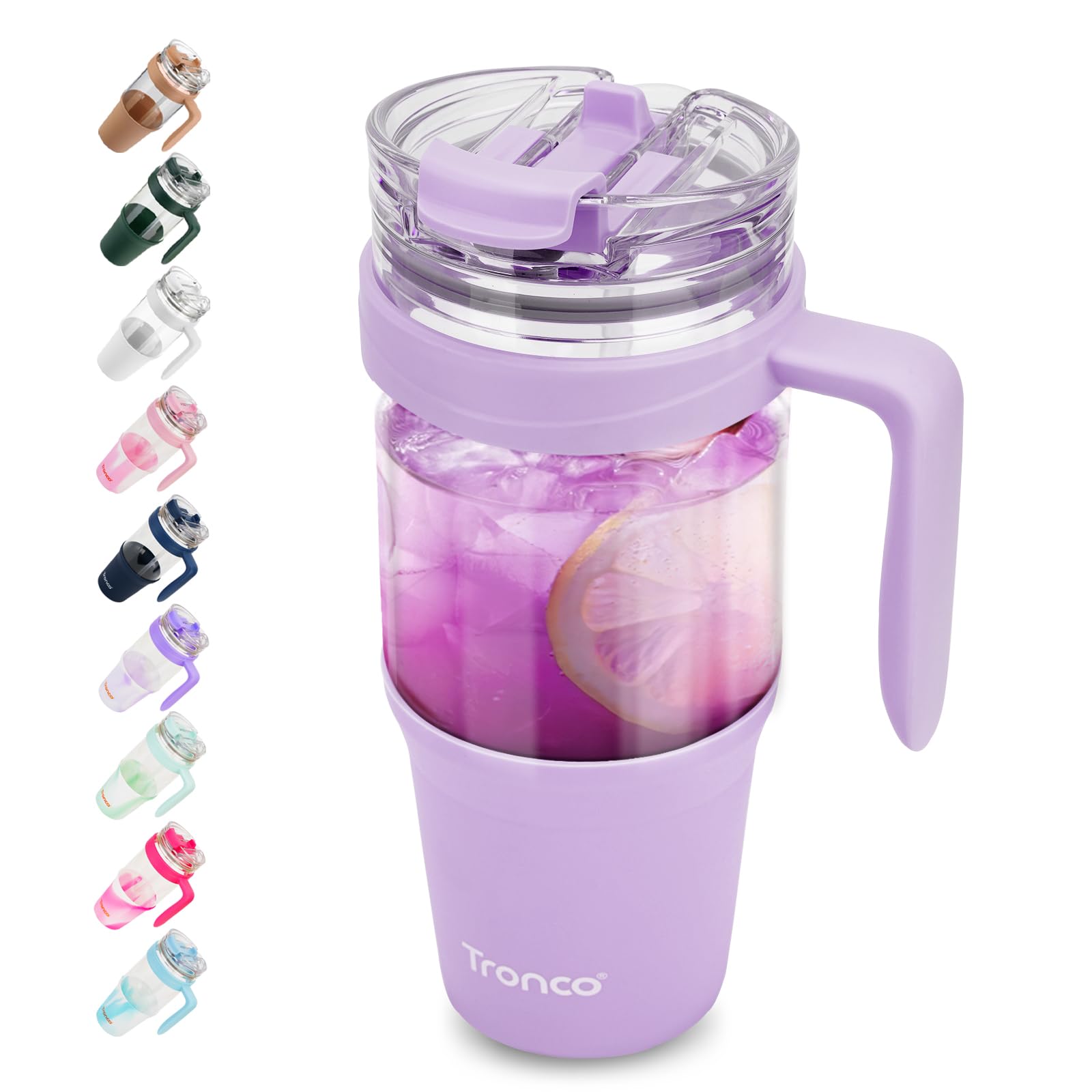 Tronco 40 oz Glass Tumbler with Straw and Lid, Reusable Glass Tumbler with Handle, Iced Coffee Cup with Bamboo Lid, Glass Water Bottles Fit in Cup Holder, Carbonfree, Lead-Free, BPA-Free