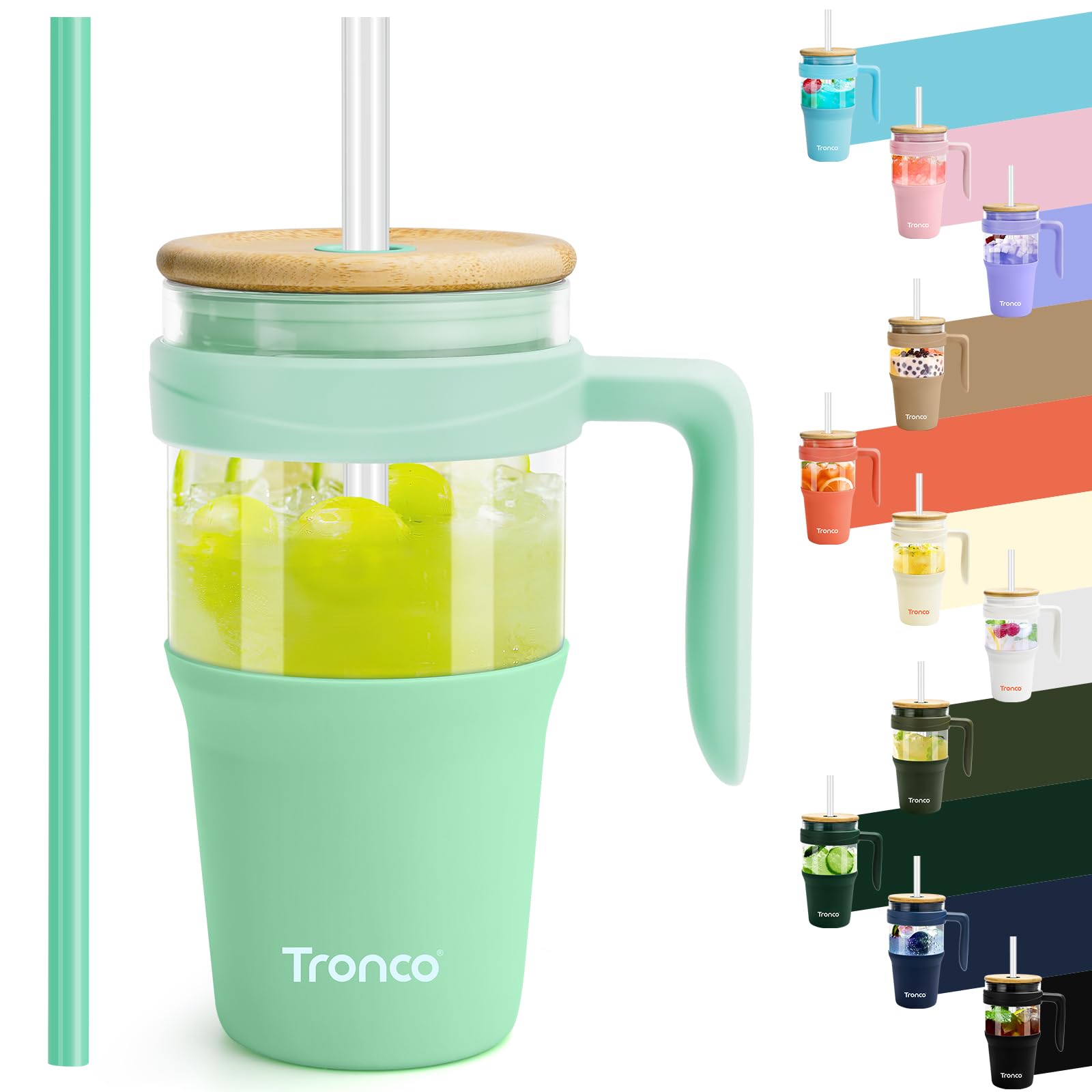 Tronco 40 oz Glass Tumbler with Straw and Lid, Reusable Glass Tumbler with Handle, Iced Coffee Cup with Bamboo Lid, Glass Water Bottles Fit in Cup Holder, Carbonfree, Lead-Free, BPA-Free
