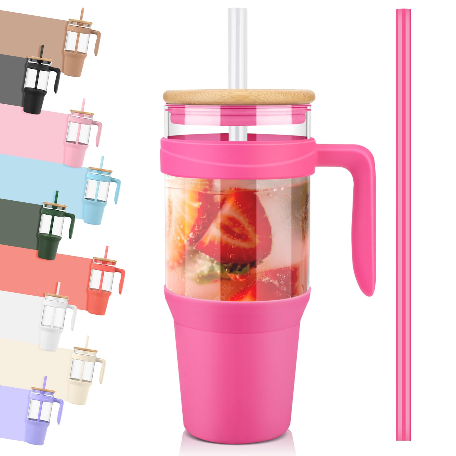 Tronco 40 oz Glass Tumbler with Straw and Lid, Reusable Glass Tumbler with Handle, Iced Coffee Cup with Bamboo Lid, Glass Water Bottles Fit in Cup Holder, Carbonfree, Lead-Free, BPA-Free