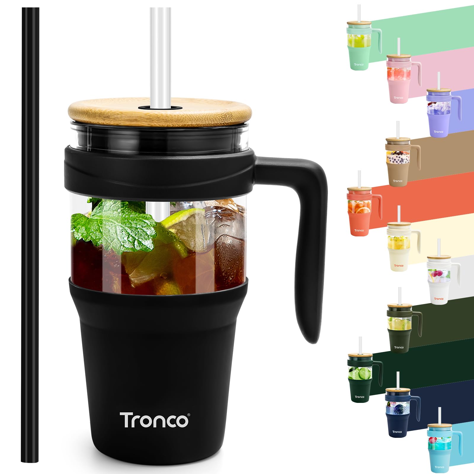 Tronco 40 oz Glass Tumbler with Straw and Lid, Reusable Glass Tumbler with Handle, Iced Coffee Cup with Bamboo Lid, Glass Water Bottles Fit in Cup Holder, Carbonfree, Lead-Free, BPA-Free