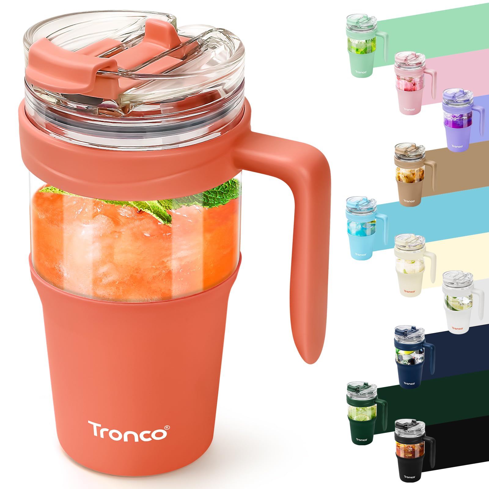 Tronco 40 oz Glass Tumbler with Straw and Lid, Reusable Glass Tumbler with Handle, Iced Coffee Cup with Bamboo Lid, Glass Water Bottles Fit in Cup Holder, Carbonfree, Lead-Free, BPA-Free