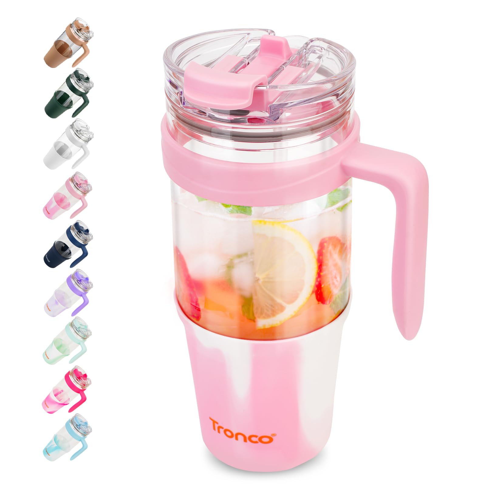 Tronco 40 oz Glass Tumbler with Straw and Lid, Reusable Glass Tumbler with Handle, Iced Coffee Cup with Bamboo Lid, Glass Water Bottles Fit in Cup Holder, Carbonfree, Lead-Free, BPA-Free