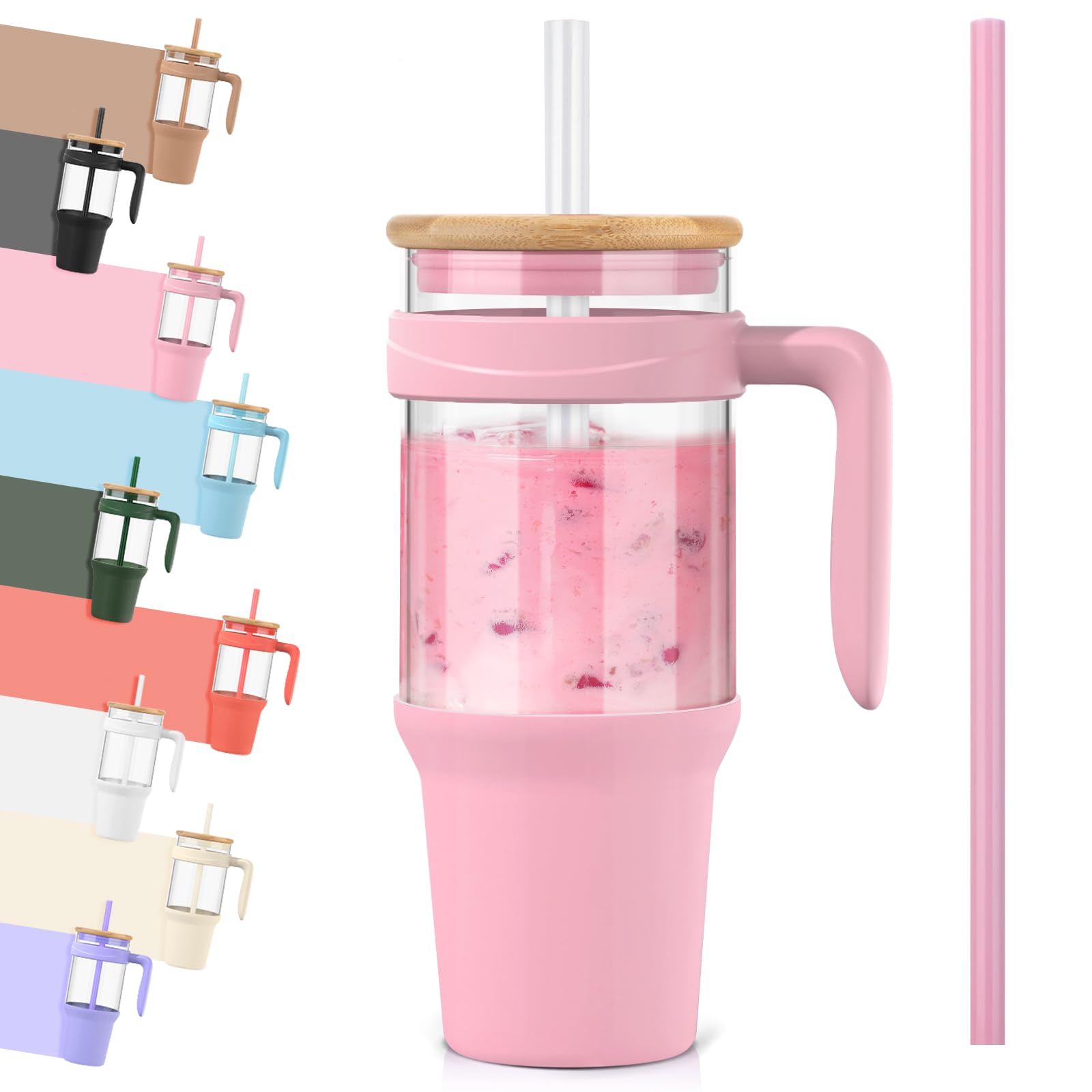 Tronco 40 oz Glass Tumbler with Straw and Lid, Reusable Glass Tumbler with Handle, Iced Coffee Cup with Bamboo Lid, Glass Water Bottles Fit in Cup Holder, Carbonfree, Lead-Free, BPA-Free