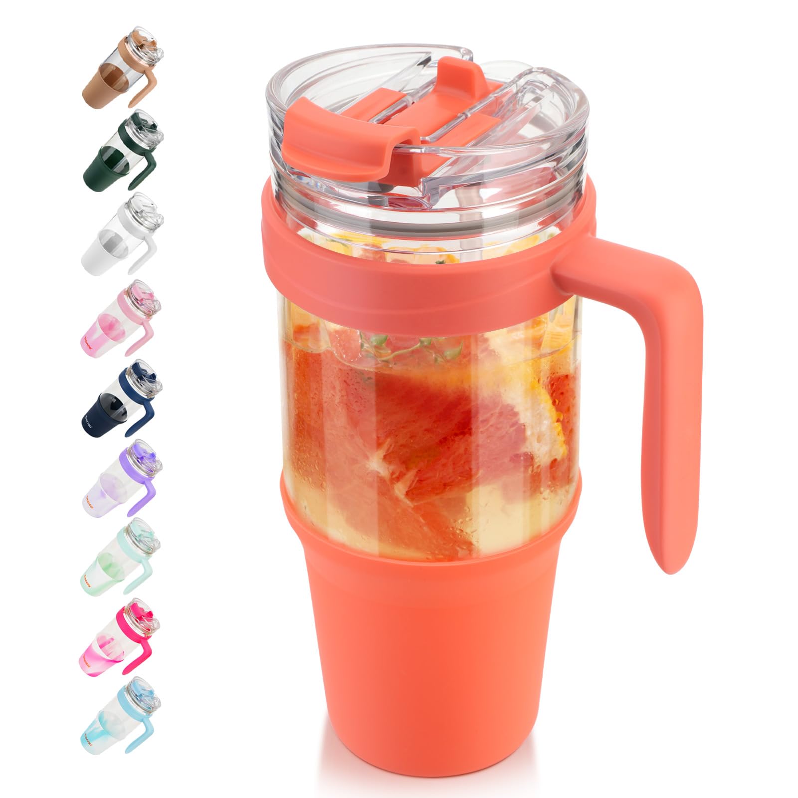 Tronco 40 oz Glass Tumbler with Straw and Lid, Reusable Glass Tumbler with Handle, Iced Coffee Cup with Bamboo Lid, Glass Water Bottles Fit in Cup Holder, Carbonfree, Lead-Free, BPA-Free