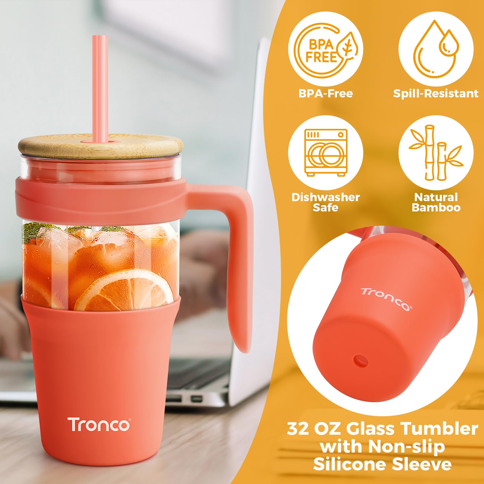 Tronco 40 oz Glass Tumbler with Straw and Lid, Reusable Glass Tumbler with Handle, Iced Coffee Cup with Bamboo Lid, Glass Water Bottles Fit in Cup Holder, Carbonfree, Lead-Free, BPA-Free