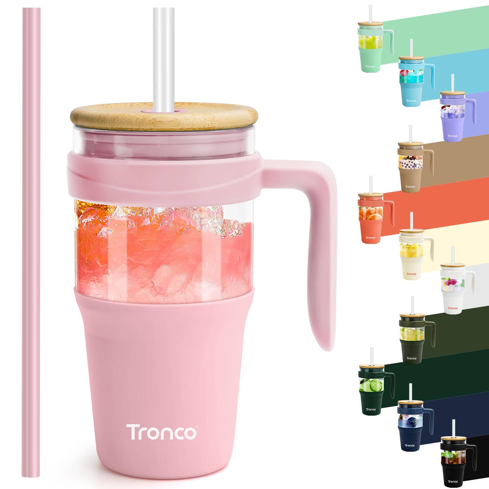 Tronco 40 oz Glass Tumbler with Straw and Lid, Reusable Glass Tumbler with Handle, Iced Coffee Cup with Bamboo Lid, Glass Water Bottles Fit in Cup Holder, Carbonfree, Lead-Free, BPA-Free