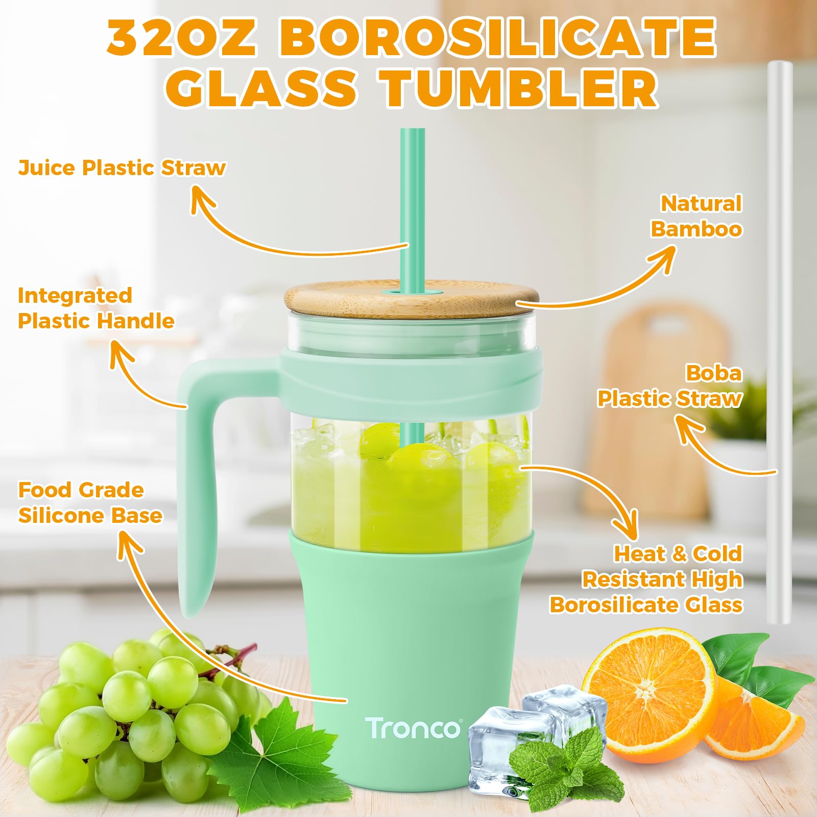 Tronco 40 oz Glass Tumbler with Straw and Lid, Reusable Glass Tumbler with Handle, Iced Coffee Cup with Bamboo Lid, Glass Water Bottles Fit in Cup Holder, Carbonfree, Lead-Free, BPA-Free