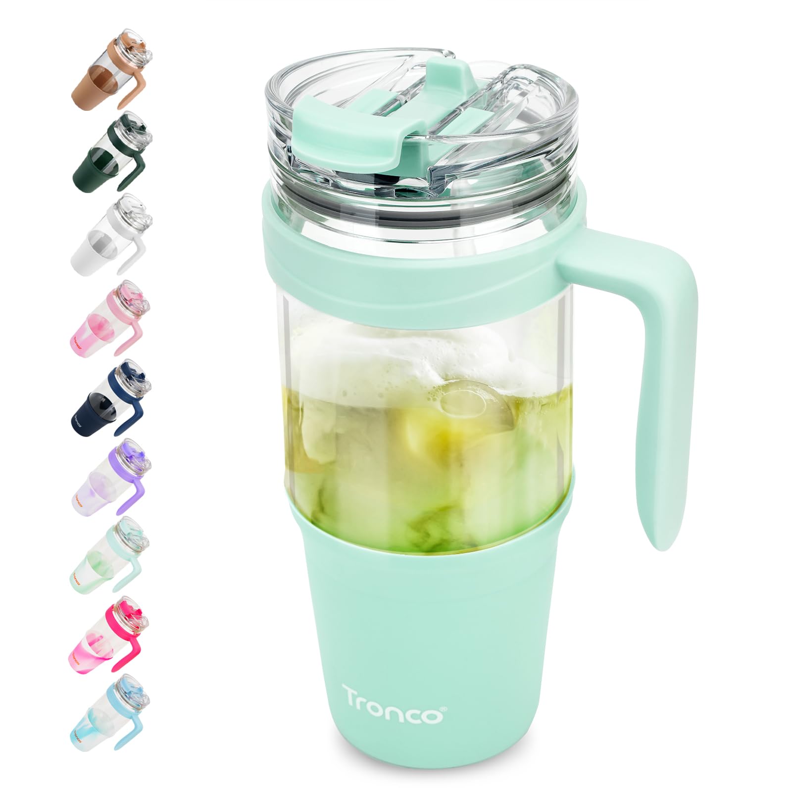 Tronco 40 oz Glass Tumbler with Straw and Lid, Reusable Glass Tumbler with Handle, Iced Coffee Cup with Bamboo Lid, Glass Water Bottles Fit in Cup Holder, Carbonfree, Lead-Free, BPA-Free