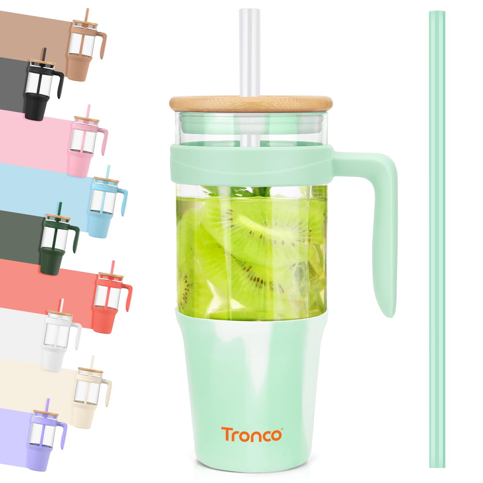Tronco 40 oz Glass Tumbler with Straw and Lid, Reusable Glass Tumbler with Handle, Iced Coffee Cup with Bamboo Lid, Glass Water Bottles Fit in Cup Holder, Carbonfree, Lead-Free, BPA-Free