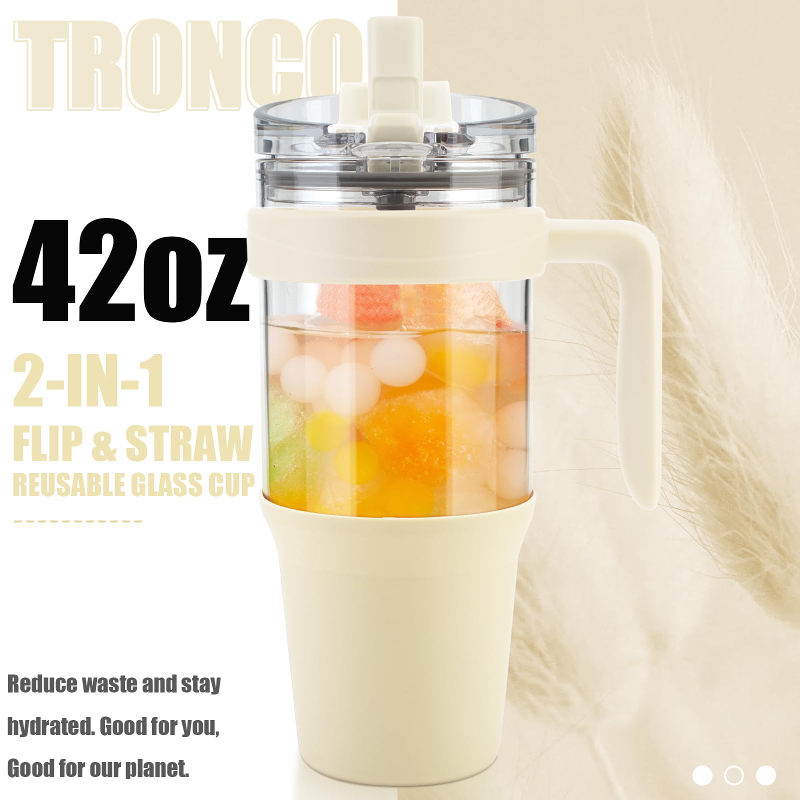 Tronco 40 oz Glass Tumbler with Straw and Lid, Reusable Glass Tumbler with Handle, Iced Coffee Cup with Bamboo Lid, Glass Water Bottles Fit in Cup Holder, Carbonfree, Lead-Free, BPA-Free