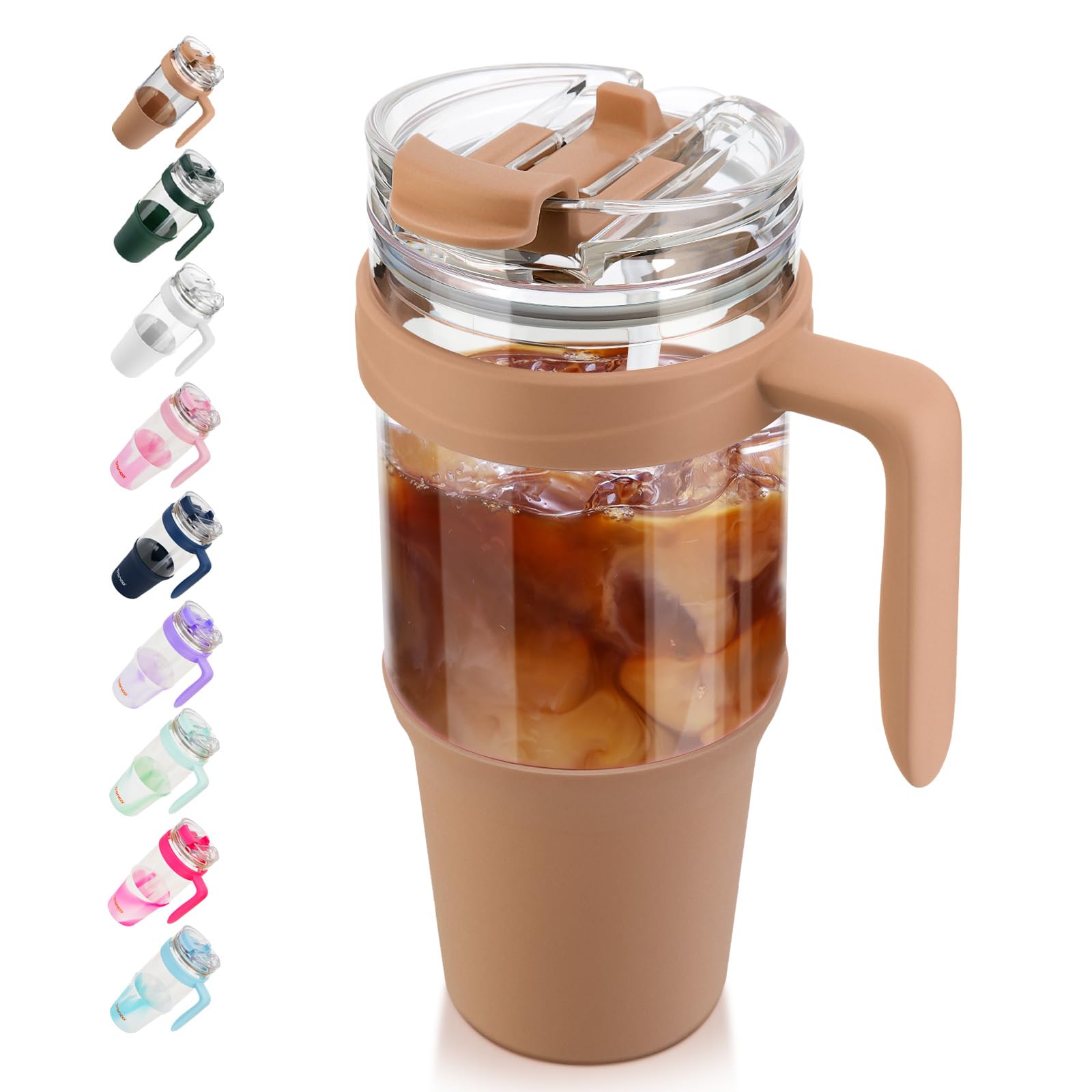 Tronco 40 oz Glass Tumbler with Straw and Lid, Reusable Glass Tumbler with Handle, Iced Coffee Cup with Bamboo Lid, Glass Water Bottles Fit in Cup Holder, Carbonfree, Lead-Free, BPA-Free