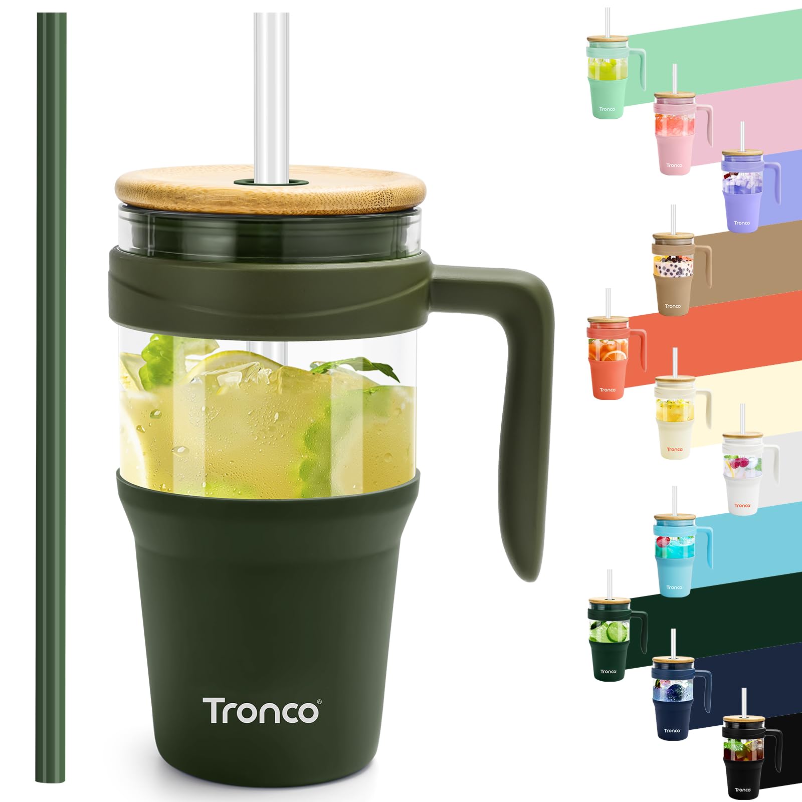 Tronco 40 oz Glass Tumbler with Straw and Lid, Reusable Glass Tumbler with Handle, Iced Coffee Cup with Bamboo Lid, Glass Water Bottles Fit in Cup Holder, Carbonfree, Lead-Free, BPA-Free