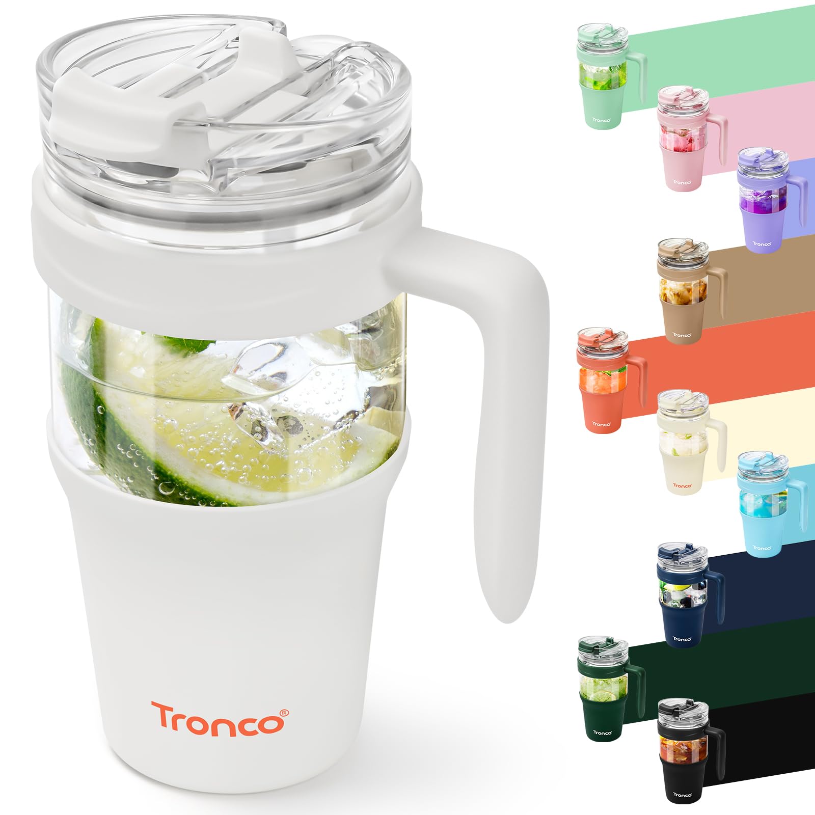 Tronco 40 oz Glass Tumbler with Straw and Lid, Reusable Glass Tumbler with Handle, Iced Coffee Cup with Bamboo Lid, Glass Water Bottles Fit in Cup Holder, Carbonfree, Lead-Free, BPA-Free