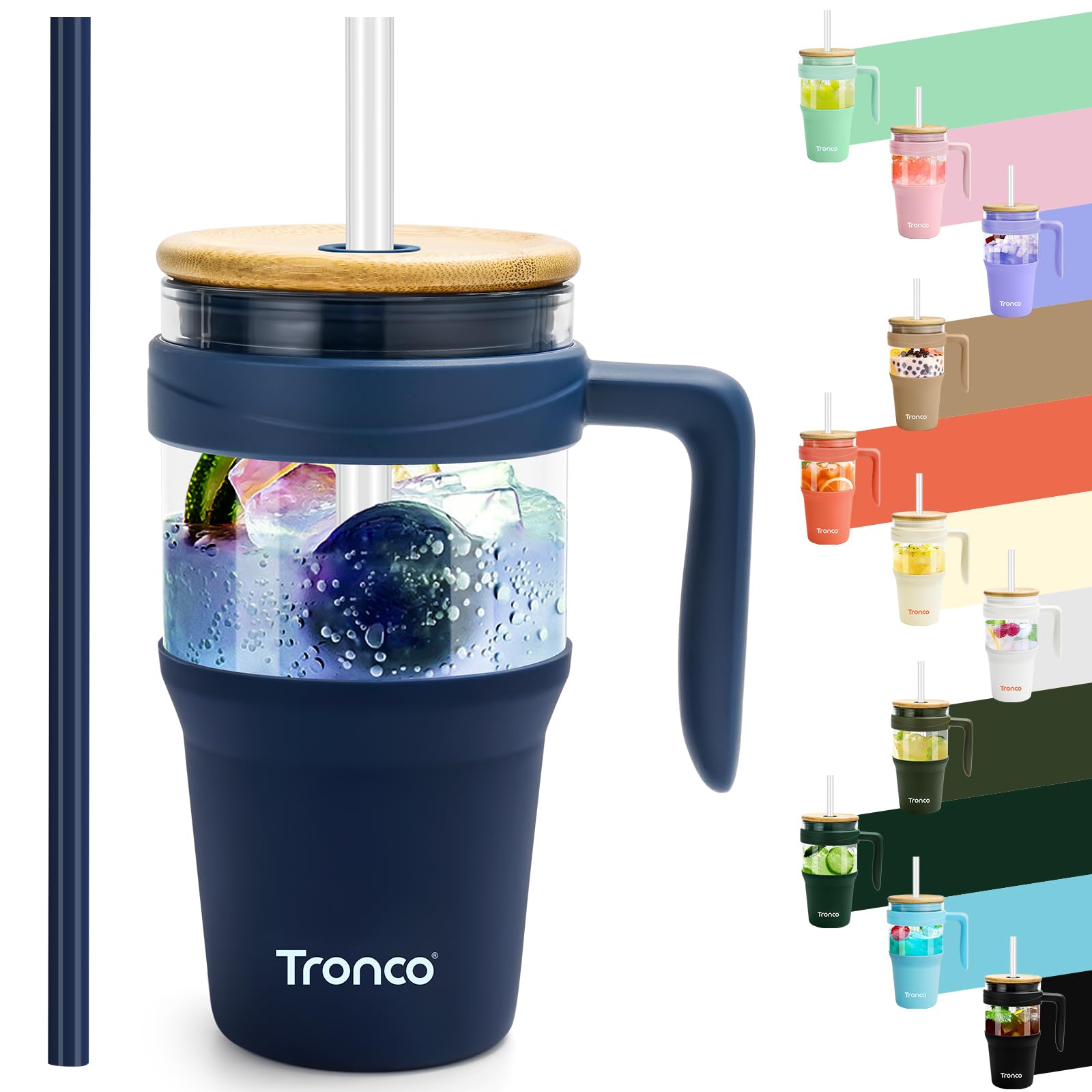 Tronco 40 oz Glass Tumbler with Straw and Lid, Reusable Glass Tumbler with Handle, Iced Coffee Cup with Bamboo Lid, Glass Water Bottles Fit in Cup Holder, Carbonfree, Lead-Free, BPA-Free