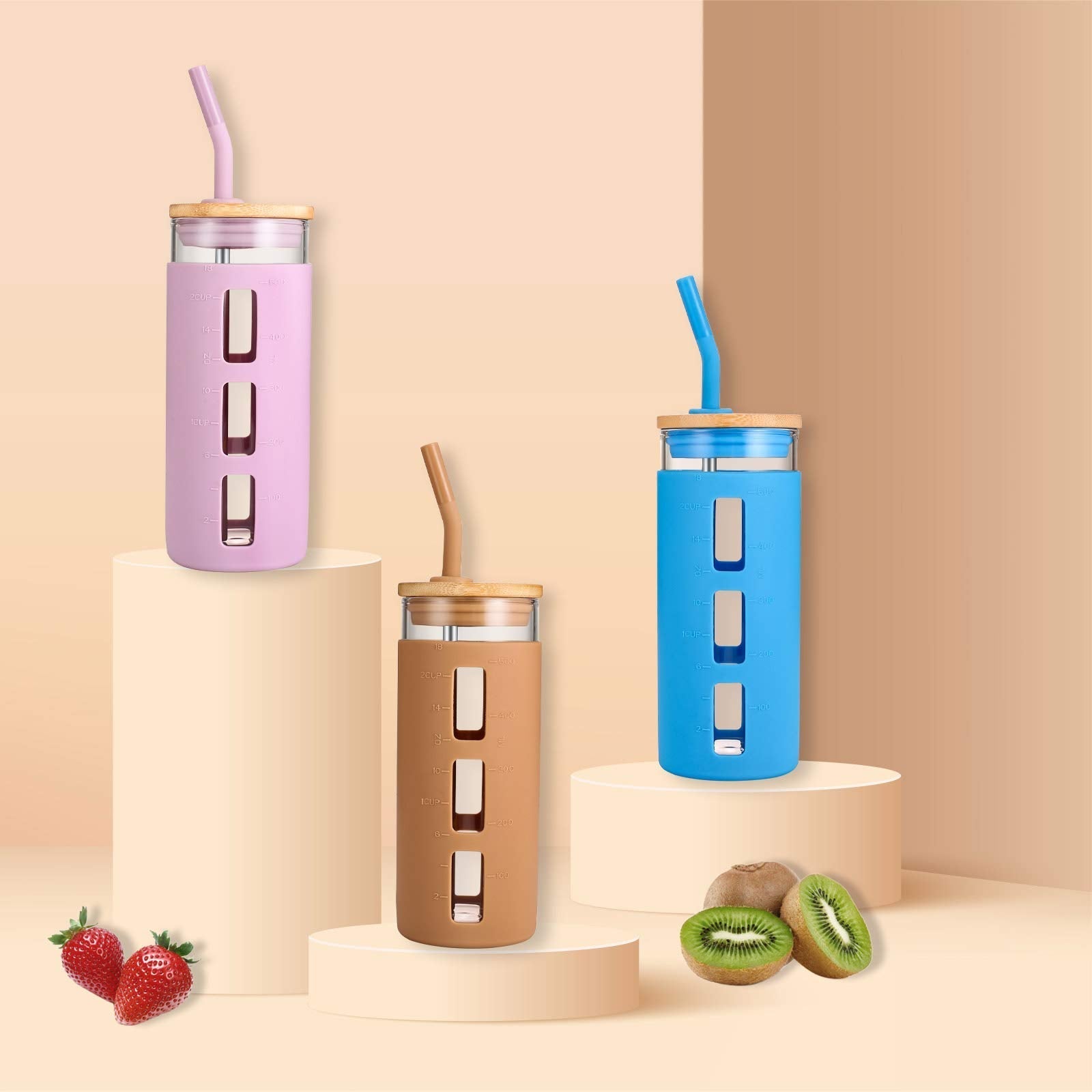 Tronco Glass Tumbler with Bamboo Lid and Straw,20OZ Reusable Iced Coffee Cup,Smoothie Cups,Glass Travel Water Bottle,See Through Silicone Sleeve With Measurement,Dishwasfer Safe,Spill Proof