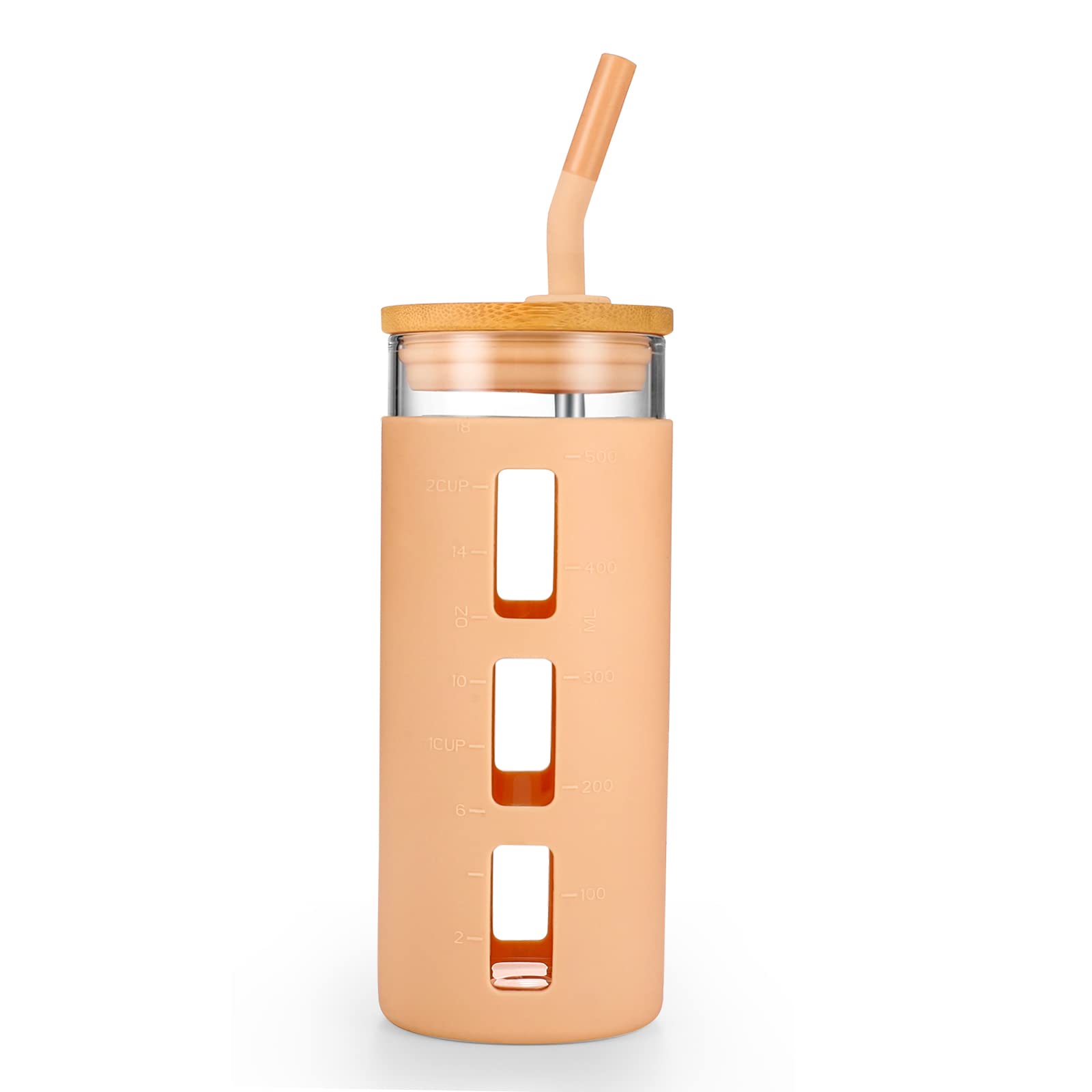 Tronco Glass Tumbler with Bamboo Lid and Straw,20OZ Reusable Iced Coffee Cup,Smoothie Cups,Glass Travel Water Bottle,See Through Silicone Sleeve With Measurement,Dishwasfer Safe,Spill Proof