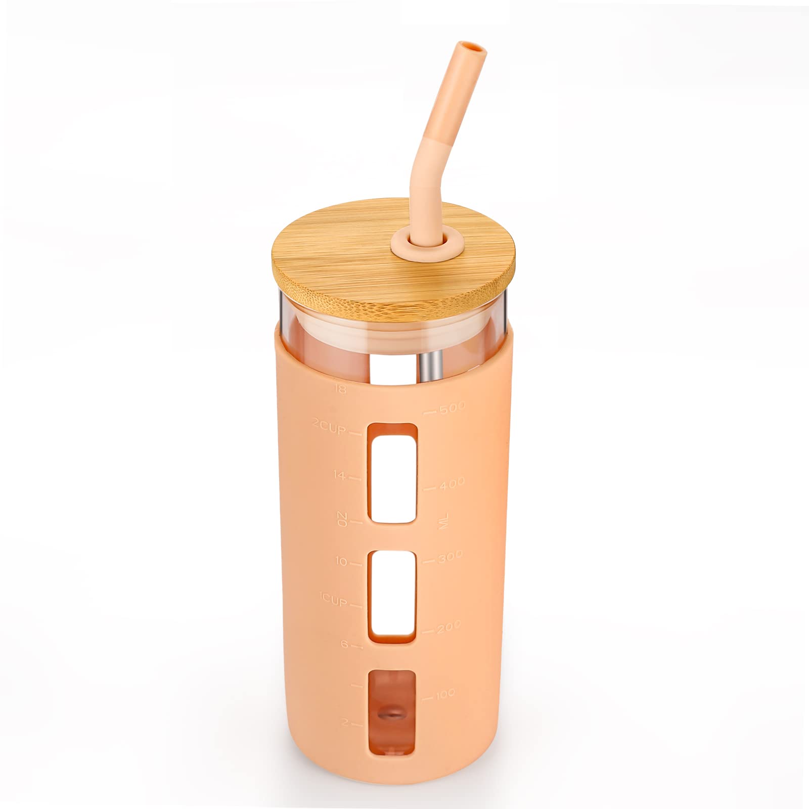 Tronco Glass Tumbler with Bamboo Lid and Straw,20OZ Reusable Iced Coffee Cup,Smoothie Cups,Glass Travel Water Bottle,See Through Silicone Sleeve With Measurement,Dishwasfer Safe,Spill Proof