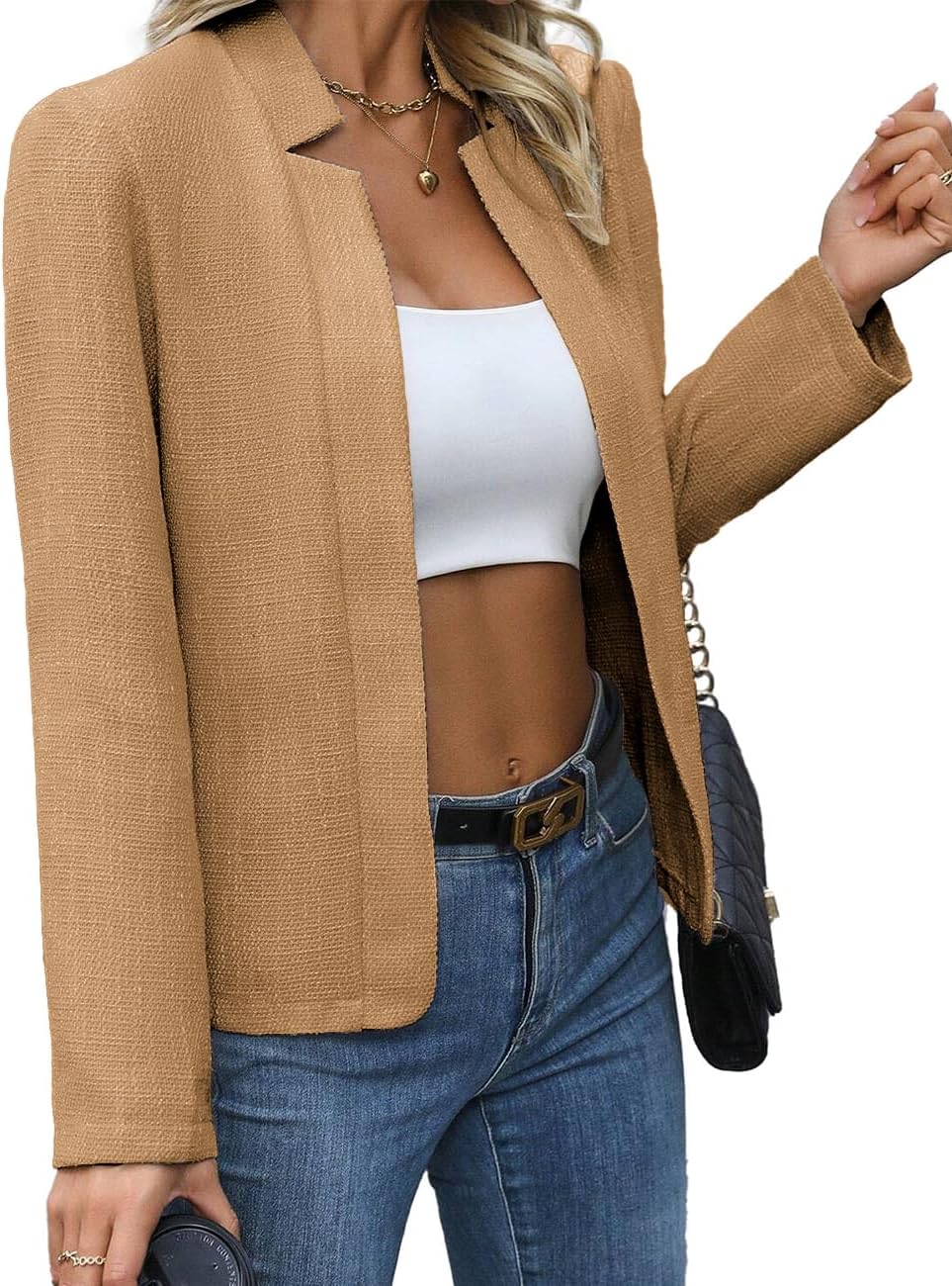 Tweed Blazer Jackets for Women Kahki Ladies Jacket Cardigan Wool Boucle Work Professional Office Lightweight Clothes 2024 Spring Fashion Dressy Outfits Khaki XXL