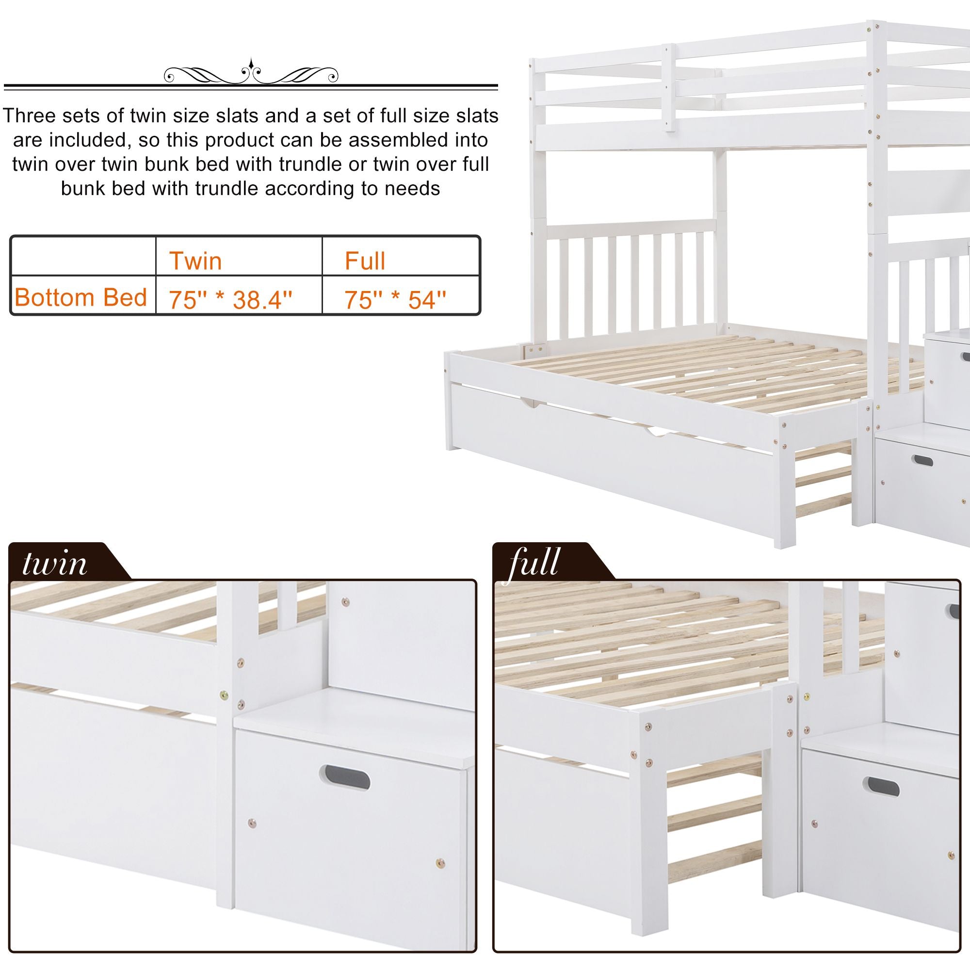 Twin over Twin/Full Bunk Bed with Twin Size Trundle