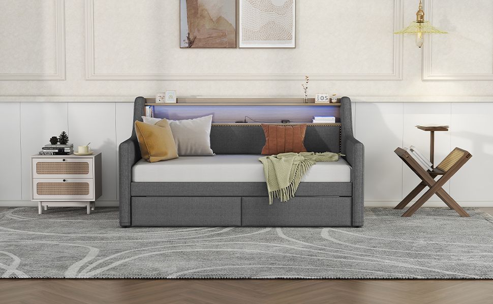 Twin Size Daybed with Storage Drawers, Upholstered Daybed with Charging Station and LED Lights, Gray(Old Item W1580S00034)