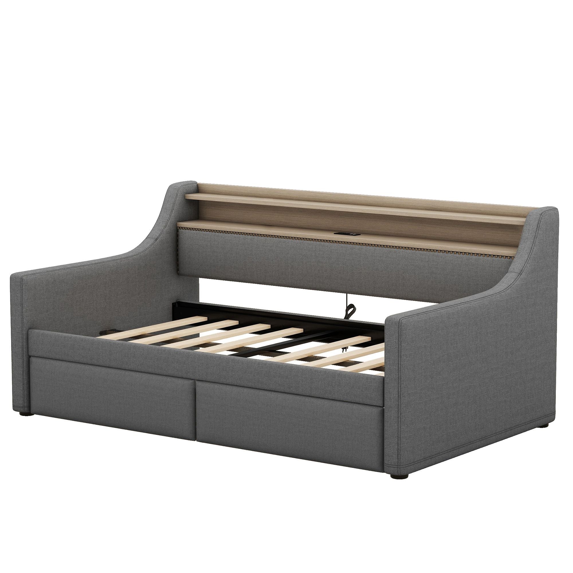 Twin Size Daybed with Storage Drawers, Upholstered Daybed with Charging Station and LED Lights, Gray(Old Item W1580S00034)