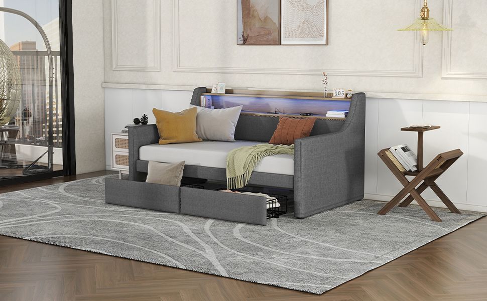Twin Size Daybed with Storage Drawers, Upholstered Daybed with Charging Station and LED Lights, Gray(Old Item W1580S00034)