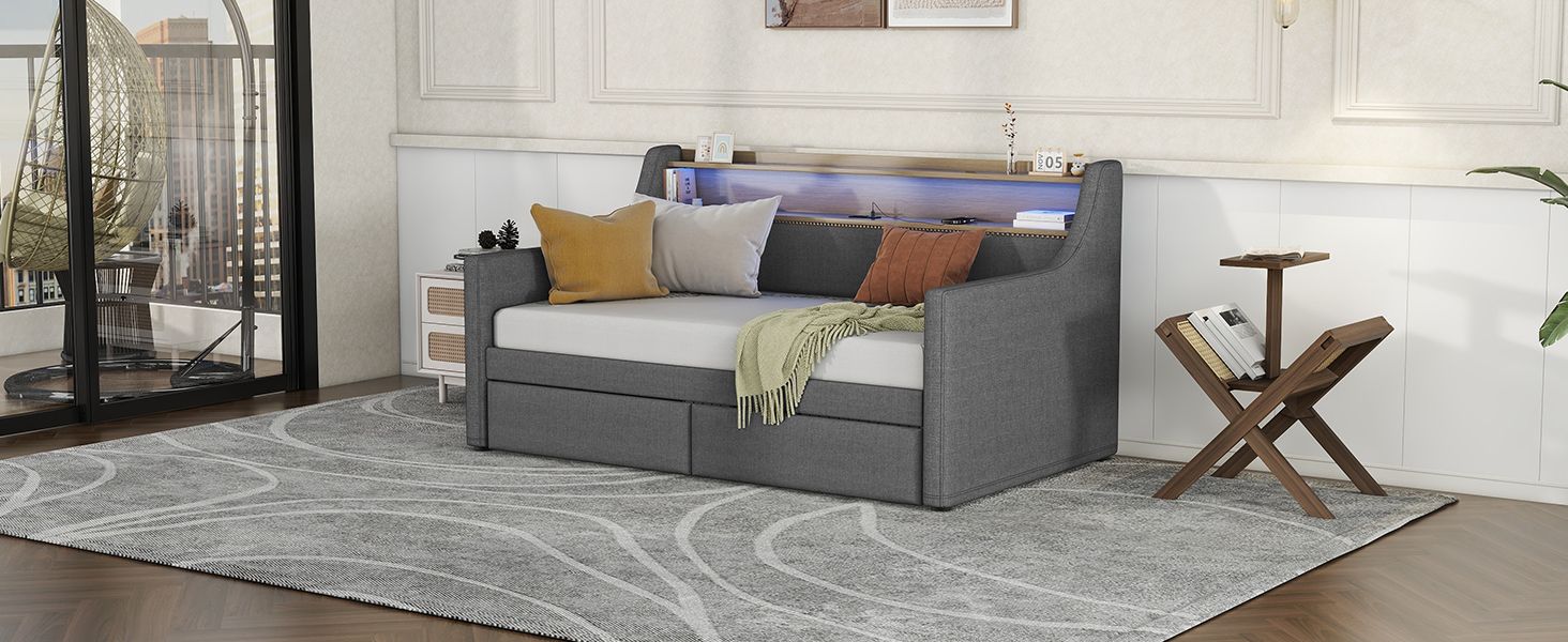 Twin Size Daybed with Storage Drawers, Upholstered Daybed with Charging Station and LED Lights, Gray(Old Item W1580S00034)