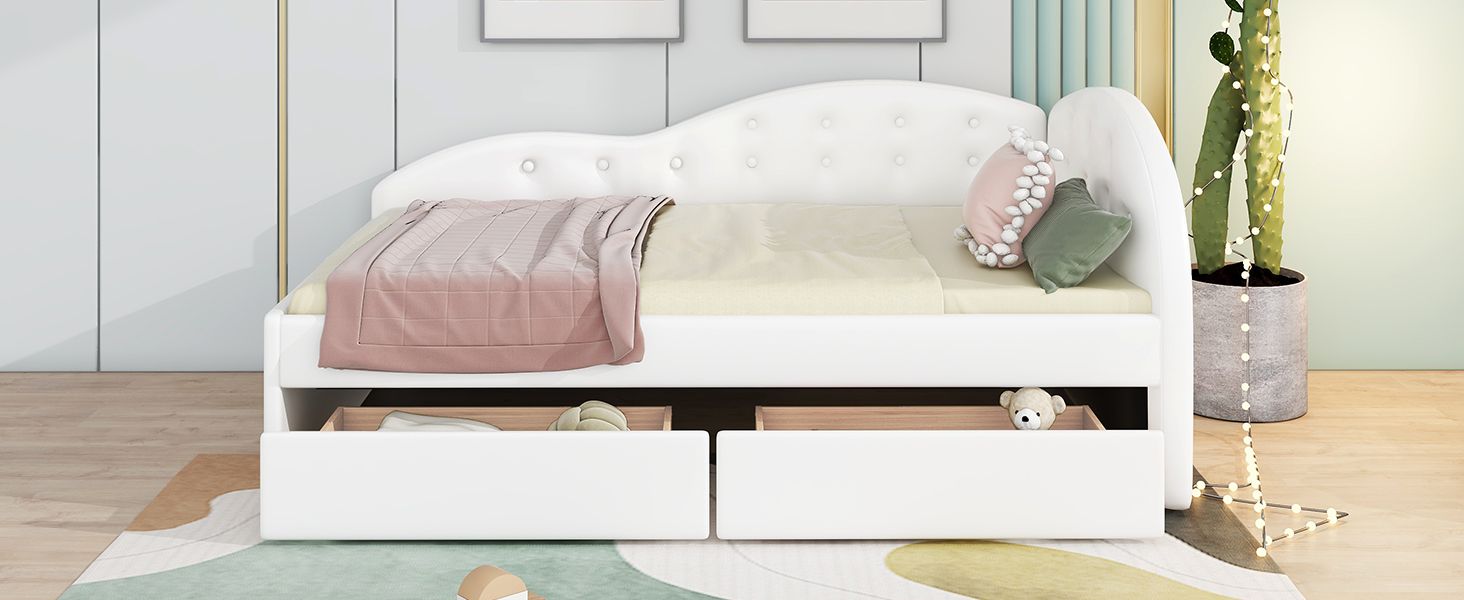 Twin Size PU Upholstered Tufted Daybed with Two Drawers and Cloud Shaped Guardrail
