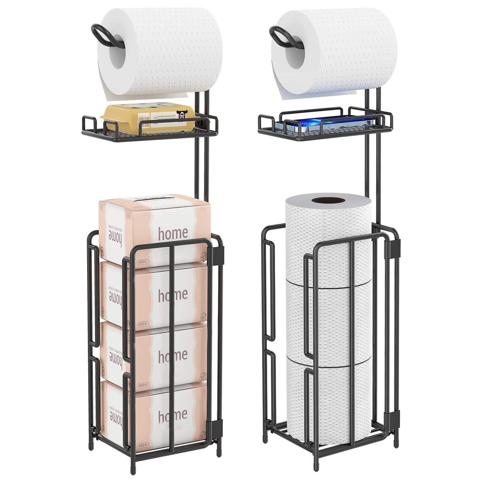 Two stood -standing sanitary paper bracket brackets, toilet paper rolls with shelves, and reserve for bathroom storage, mobile phones, giant rolls, black