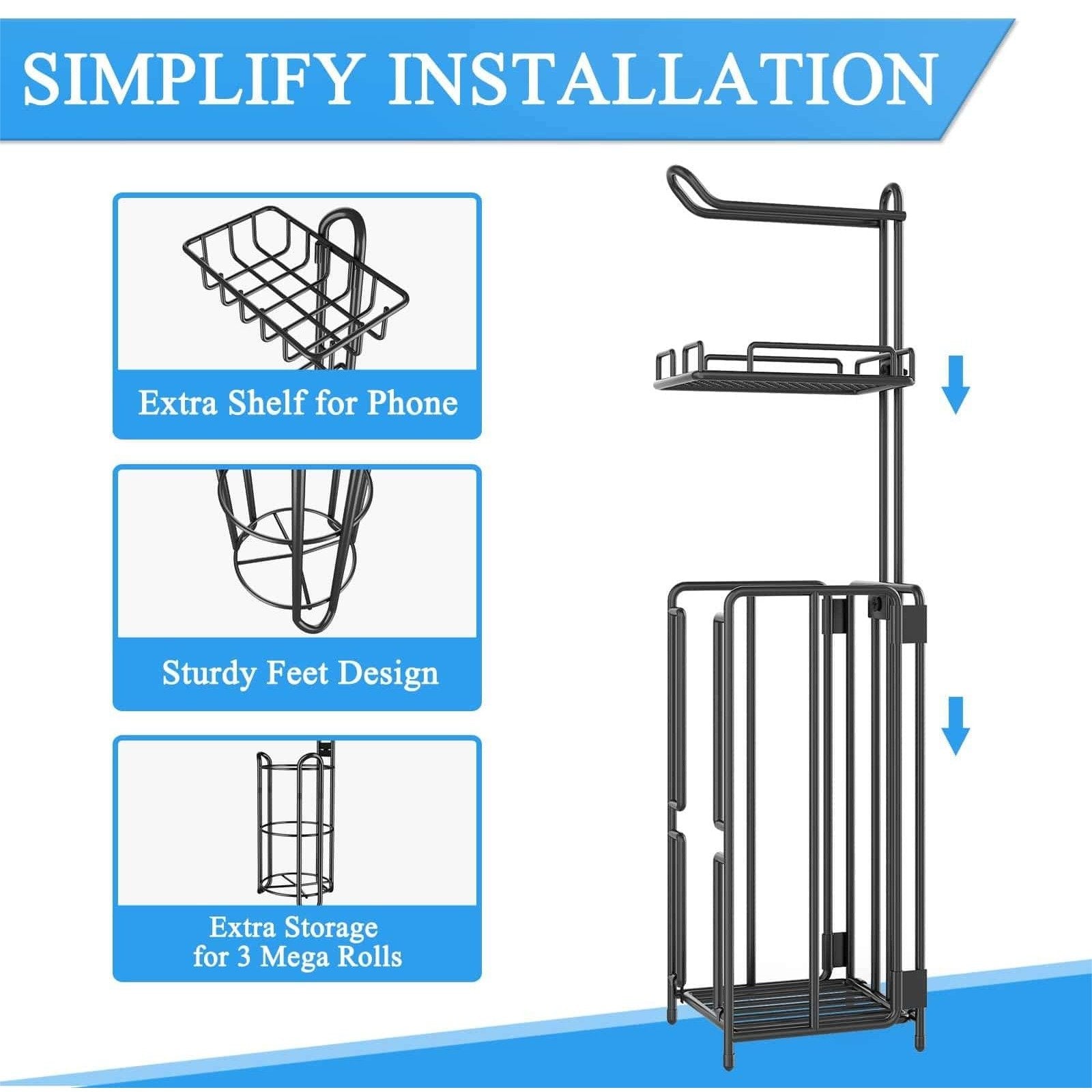 Two stood -standing sanitary paper bracket brackets, toilet paper rolls with shelves, and reserve for bathroom storage, mobile phones, giant rolls, black